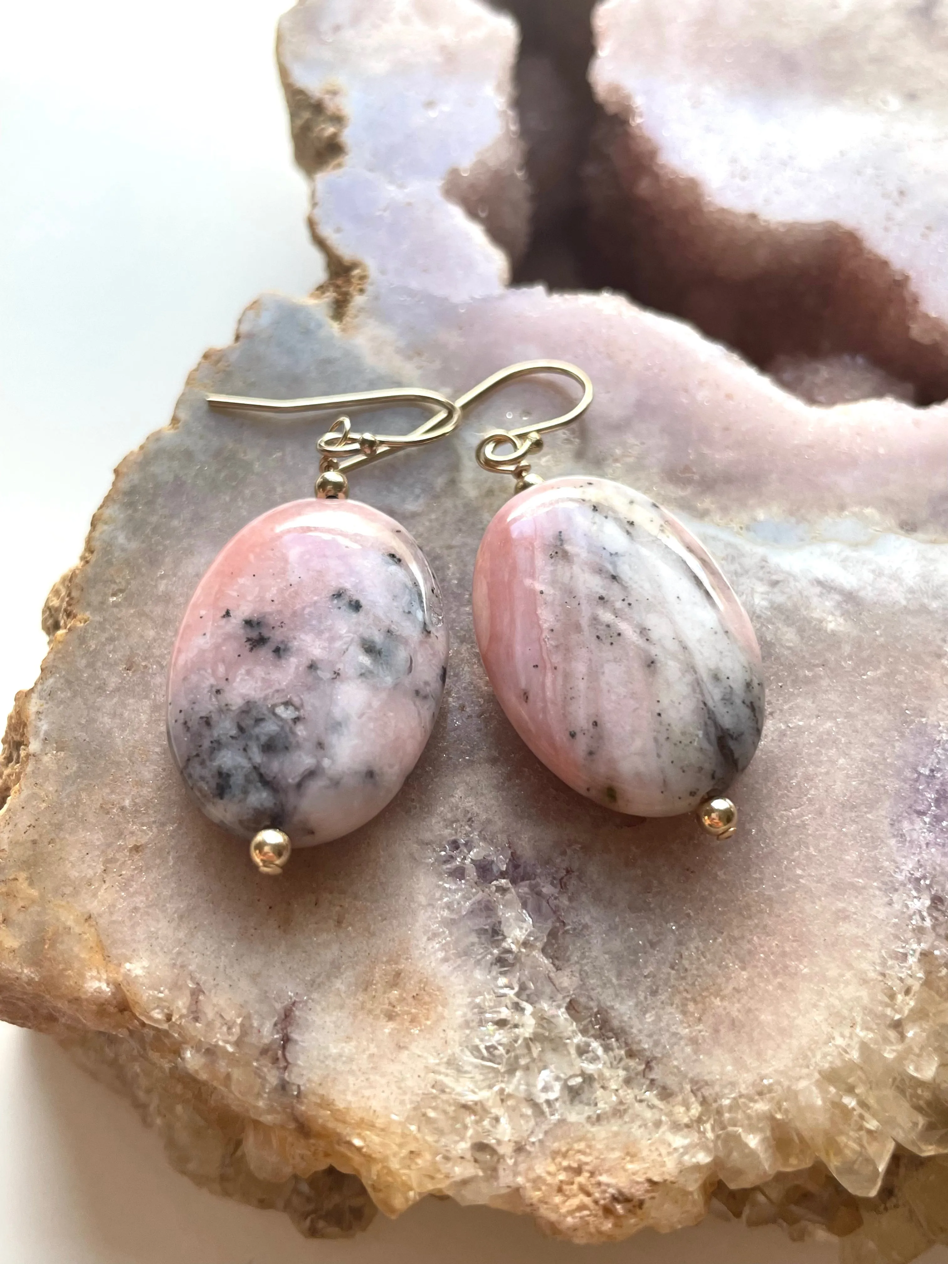 Large Pink Opal Earrings Gold Filled