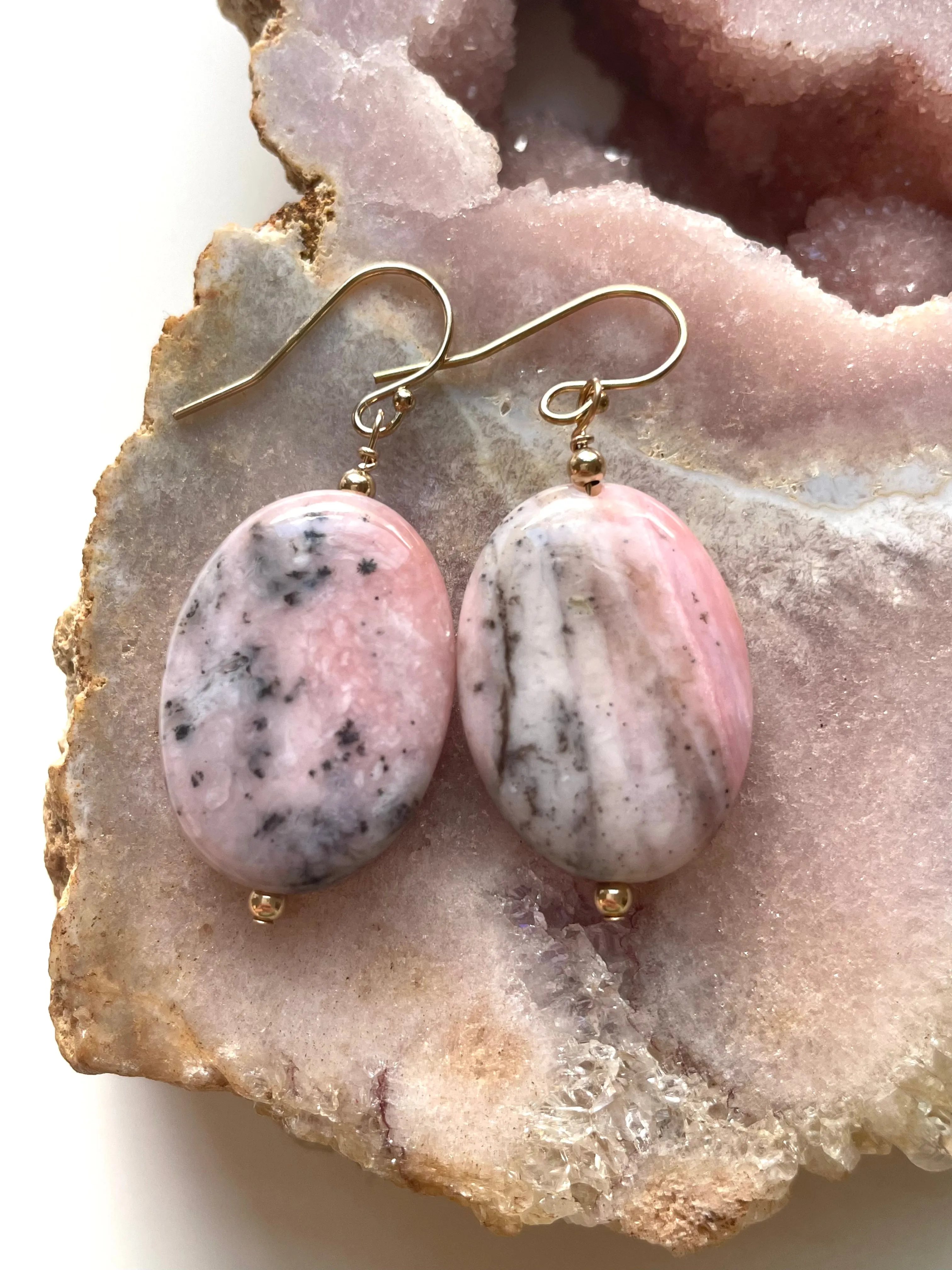 Large Pink Opal Earrings Gold Filled