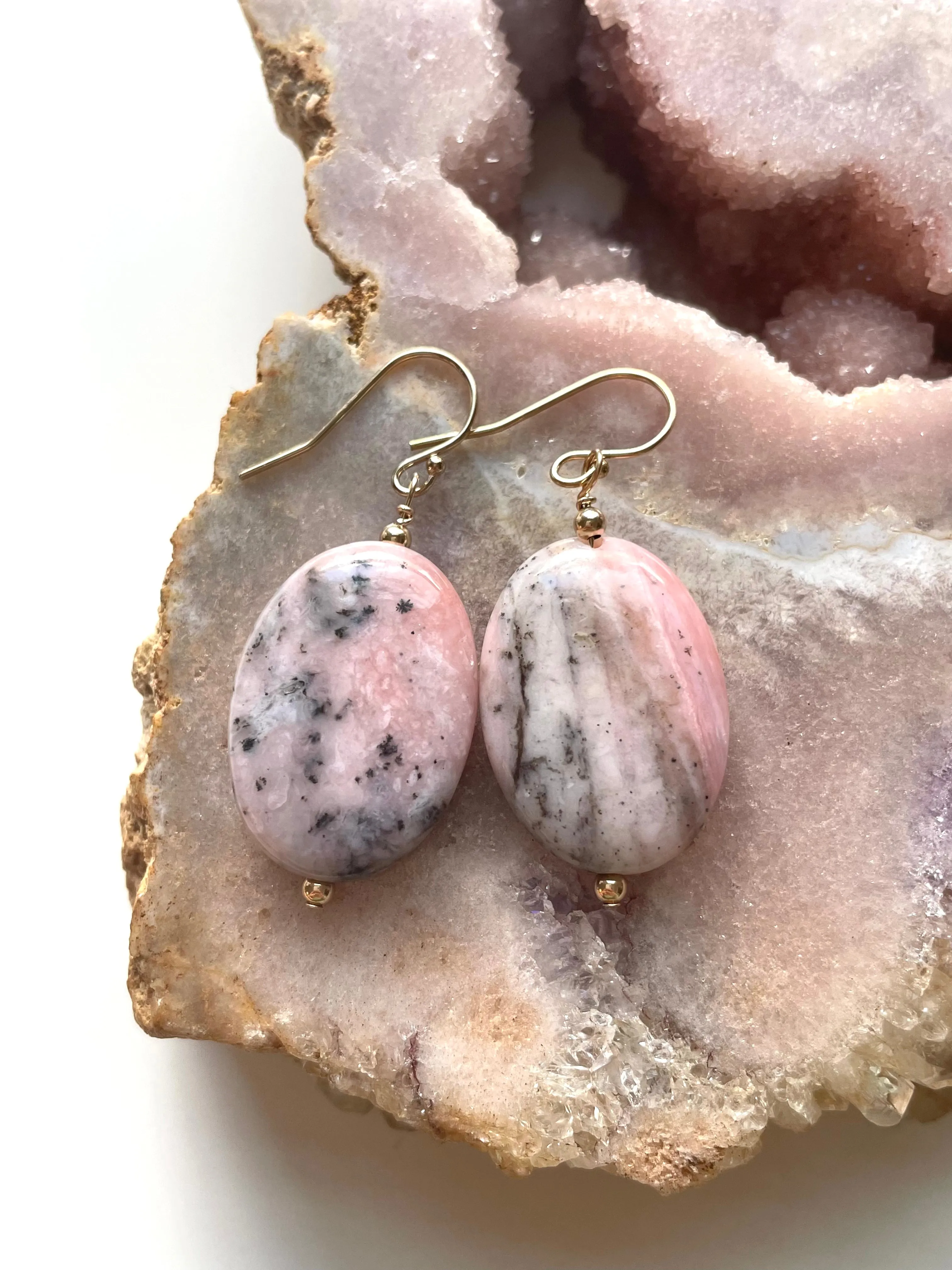 Large Pink Opal Earrings Gold Filled