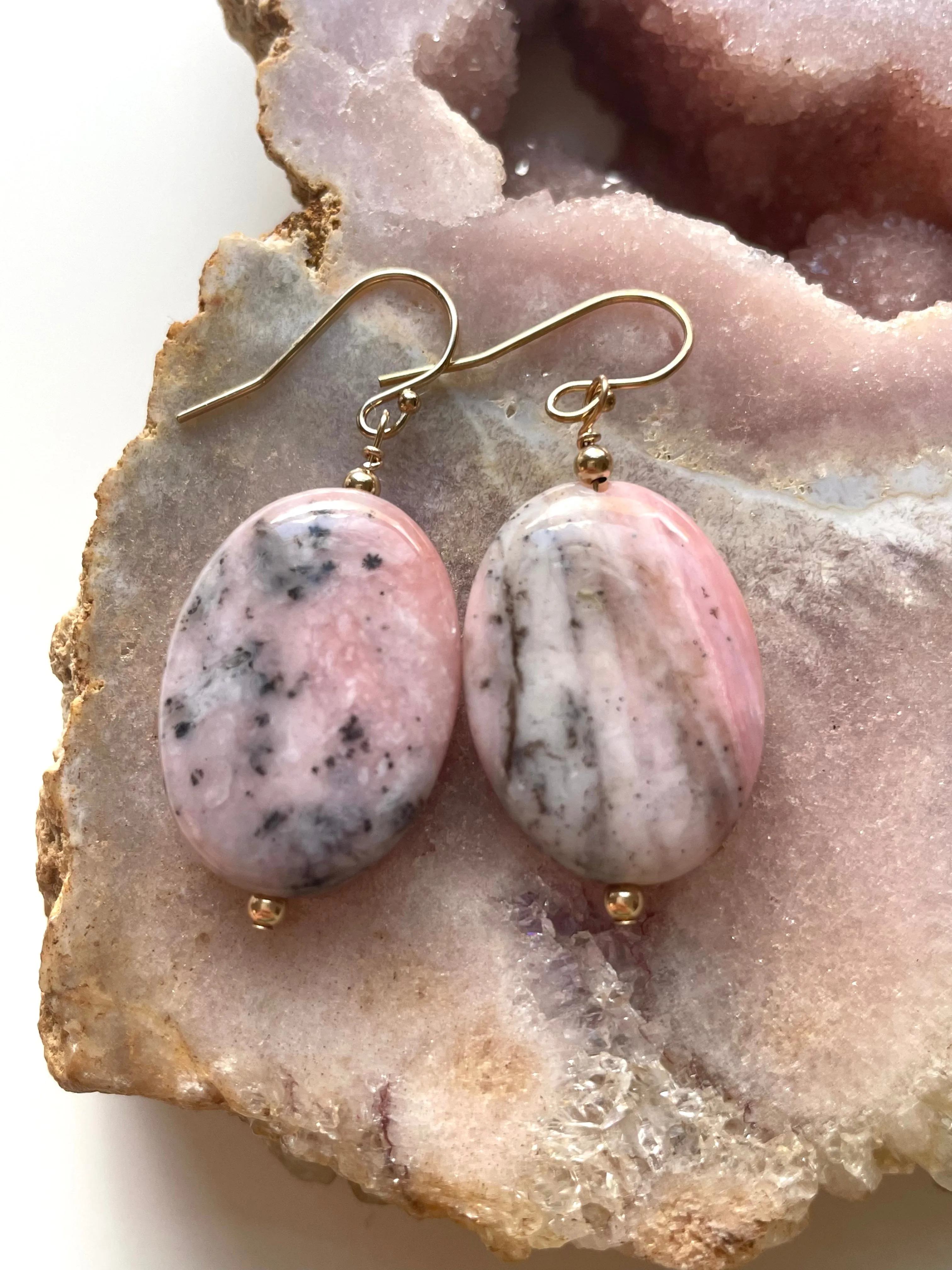 Large Pink Opal Earrings Gold Filled