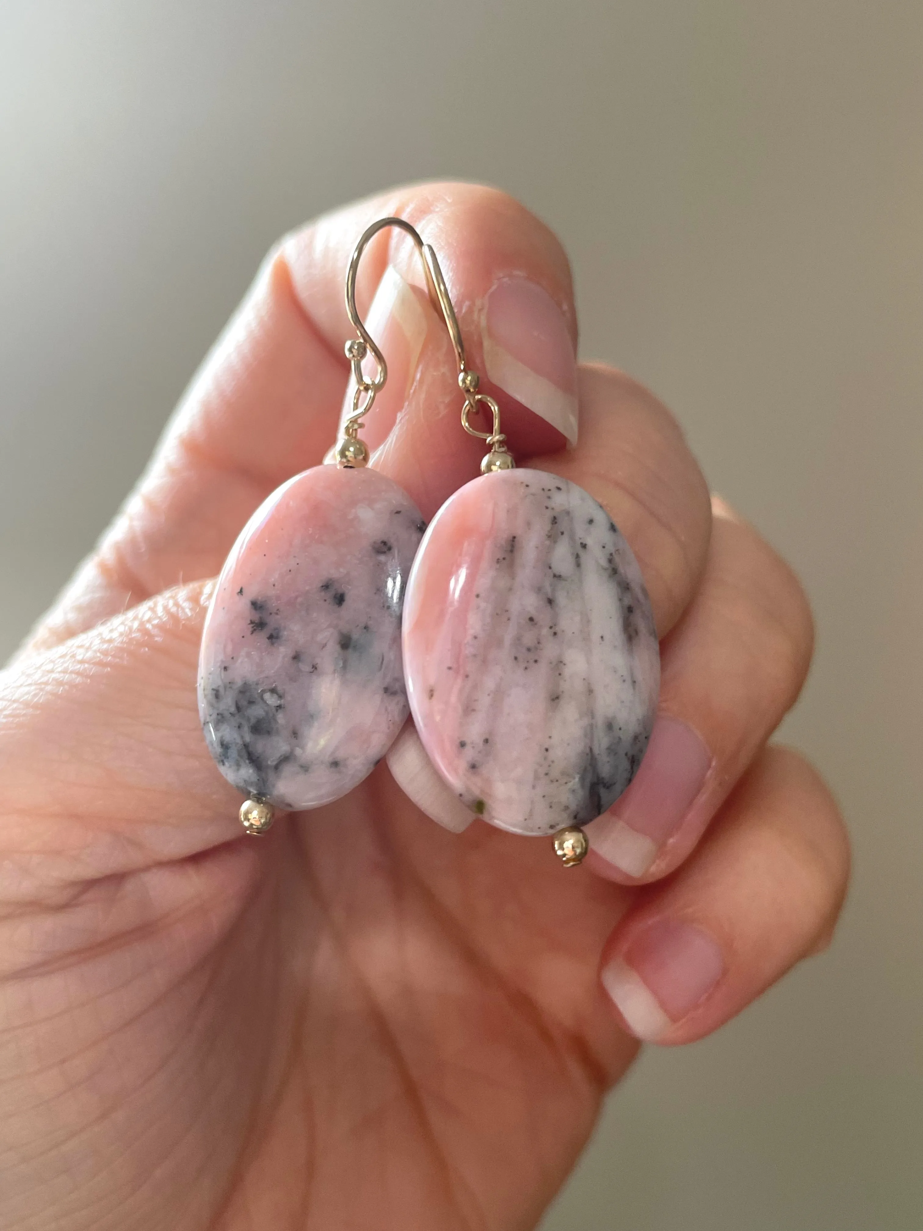 Large Pink Opal Earrings Gold Filled