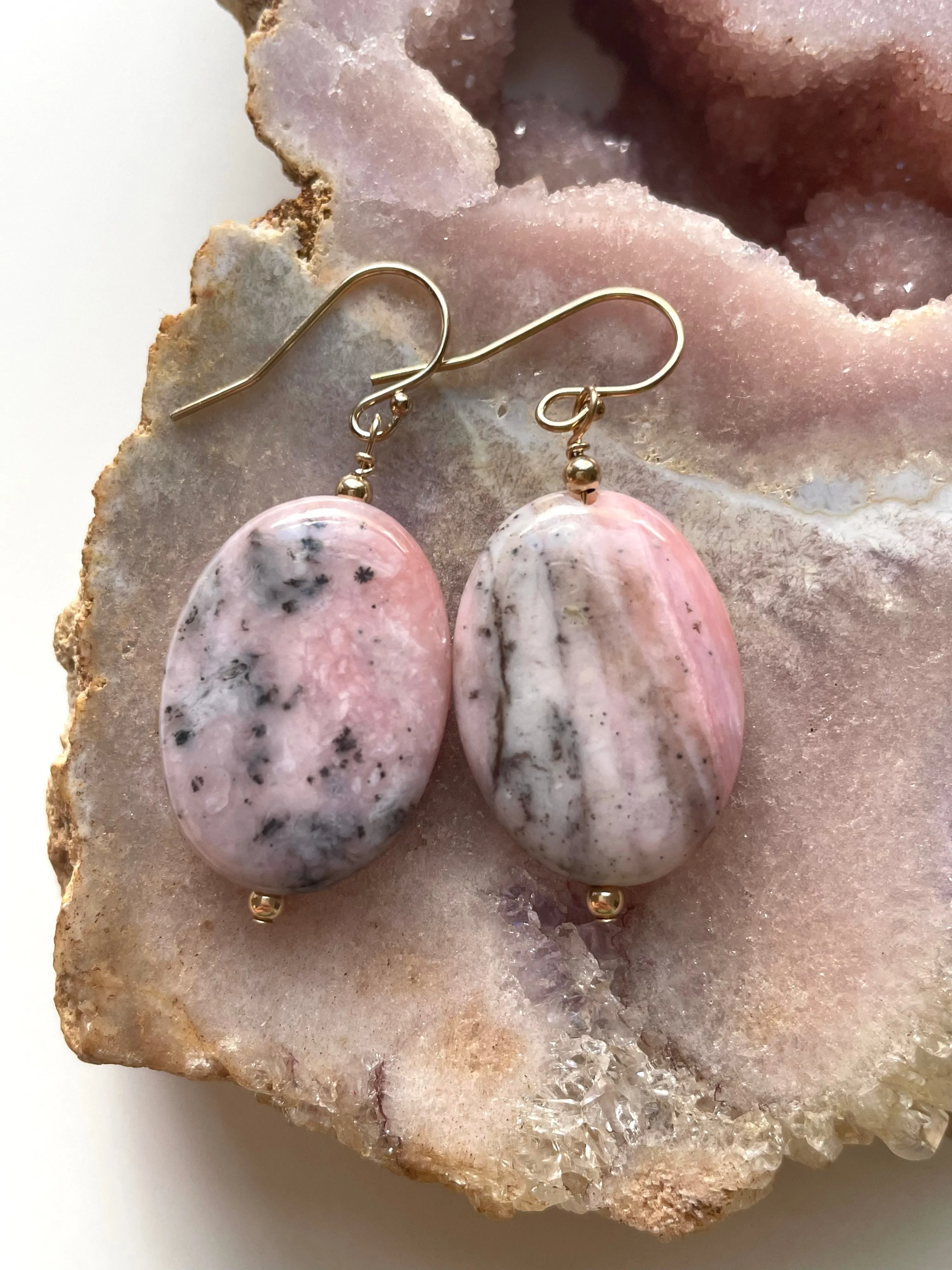 Large Pink Opal Earrings Gold Filled