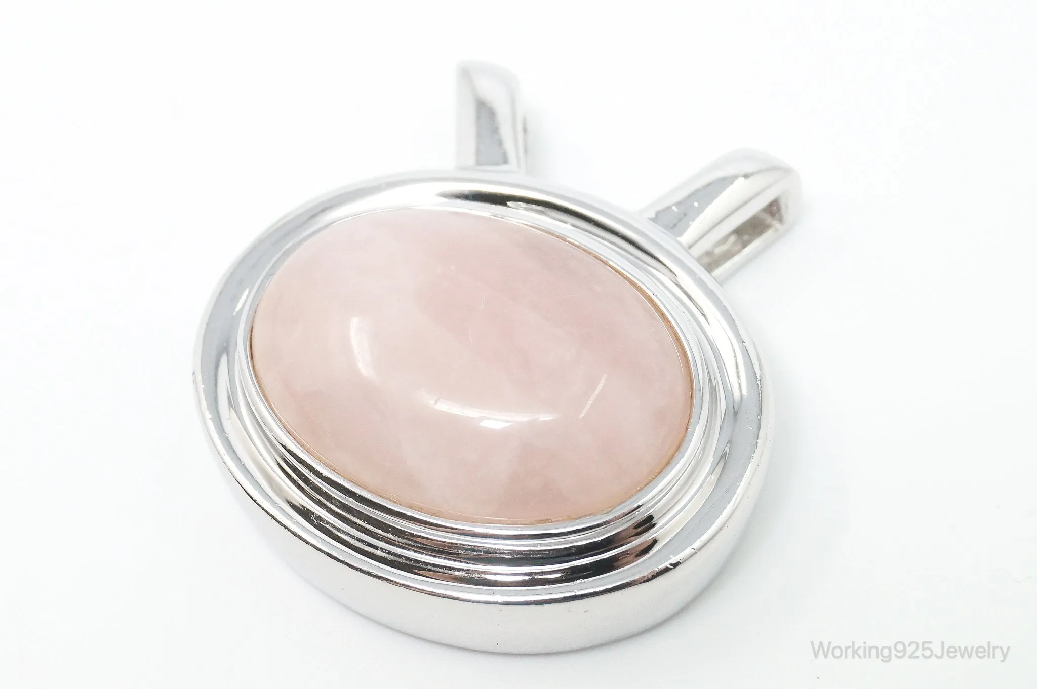 Large Vintage Designer Rose Quartz Sterling Silver Necklace Pendant