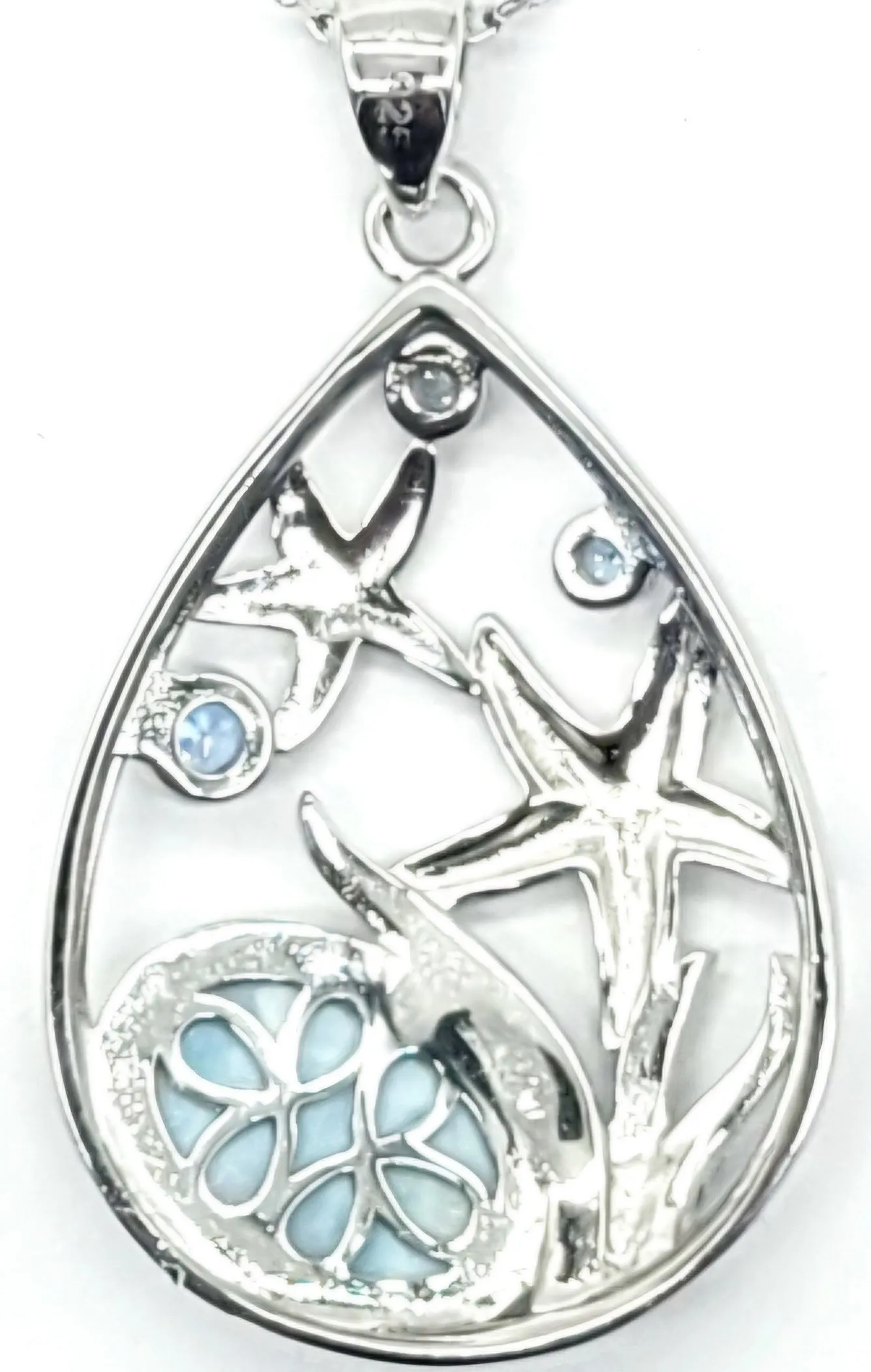 Larimar and Blue Cubic Zarconia Starfish pear Pendant Necklace