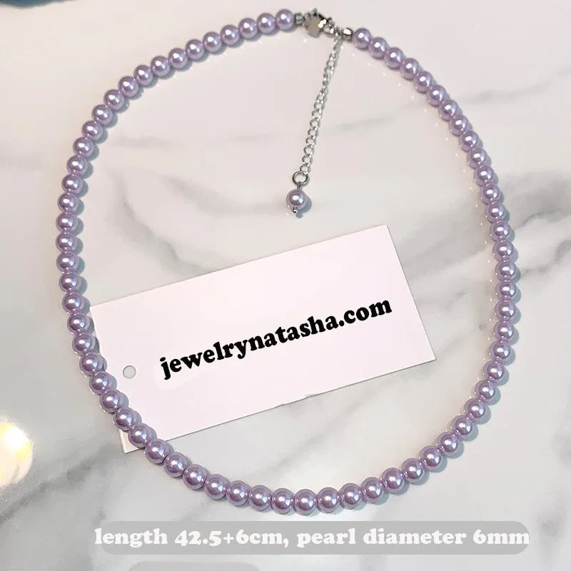 Lavender purple pearl necklace for women, perfect round flawless light bulb, light luxury stacking necklace, clavicle chain