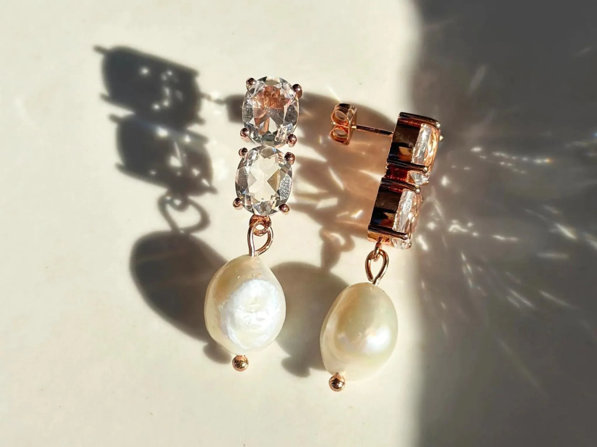 Lola Knight - Ayla - Large Pearl & Crystal Earrings - Rose Gold