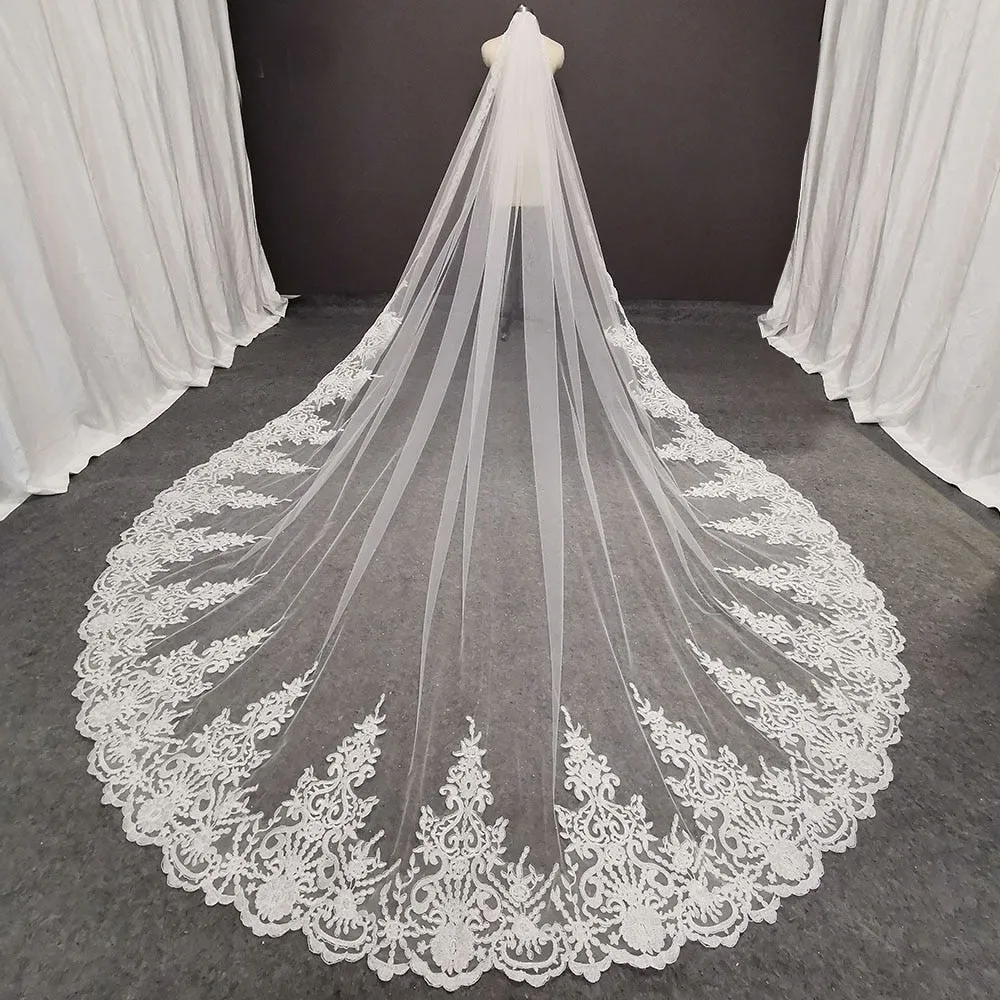 Long Cathedral Wedding Veil with Floral Appliques All Around-One Layer