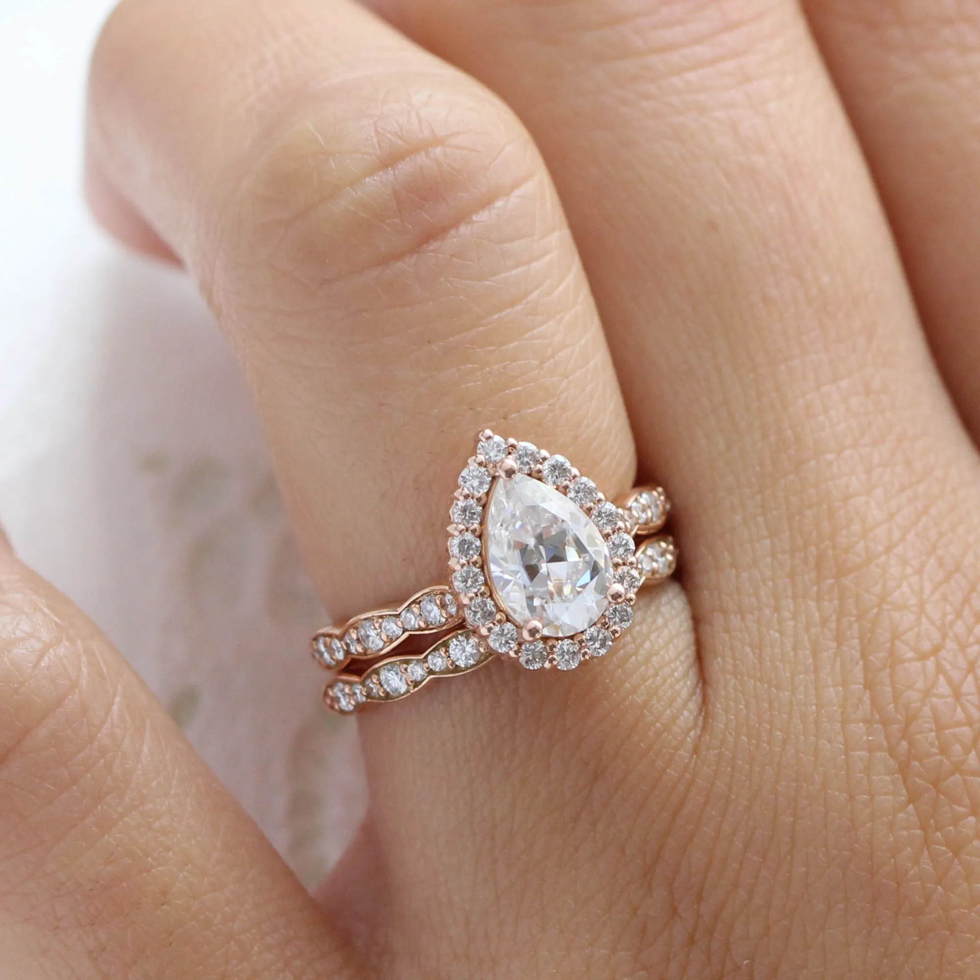 Luna Halo Pear Ring Bridal Set w/ Moissanite and Scalloped Diamond Band