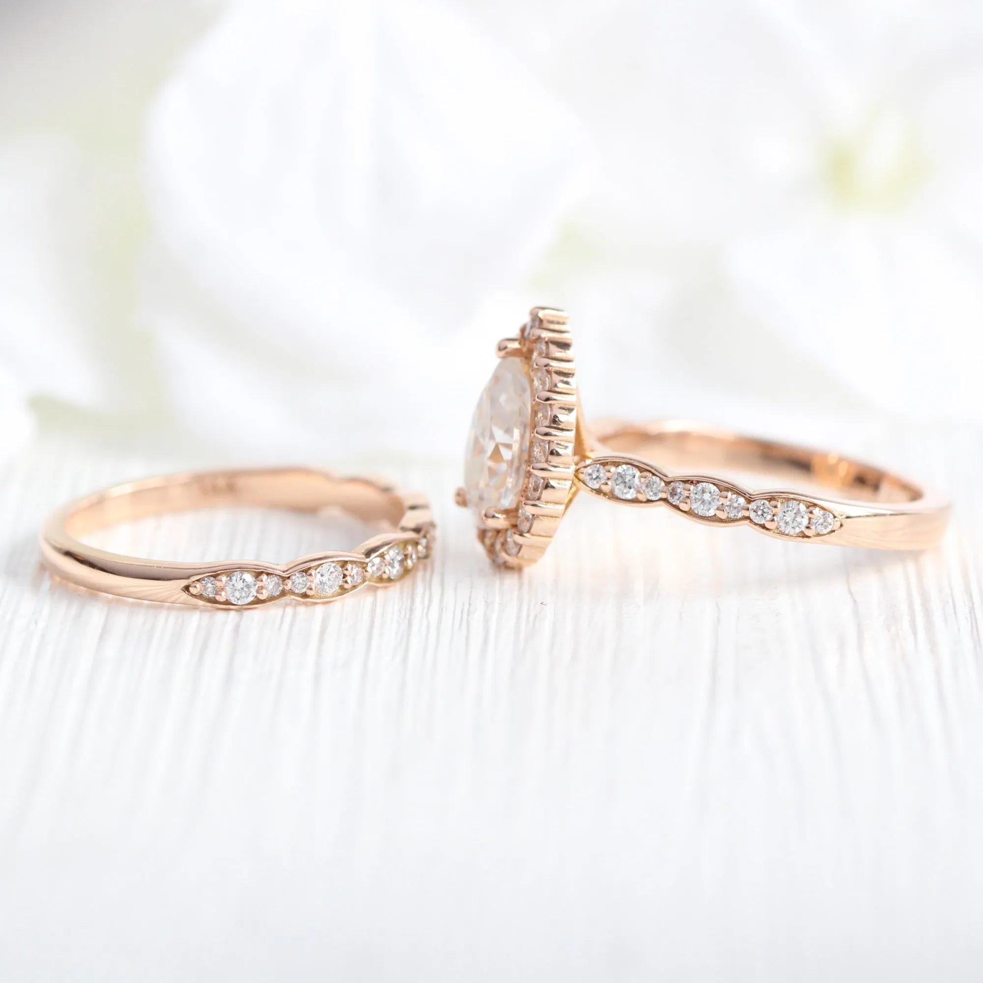 Luna Halo Pear Ring Bridal Set w/ Moissanite and Scalloped Diamond Band