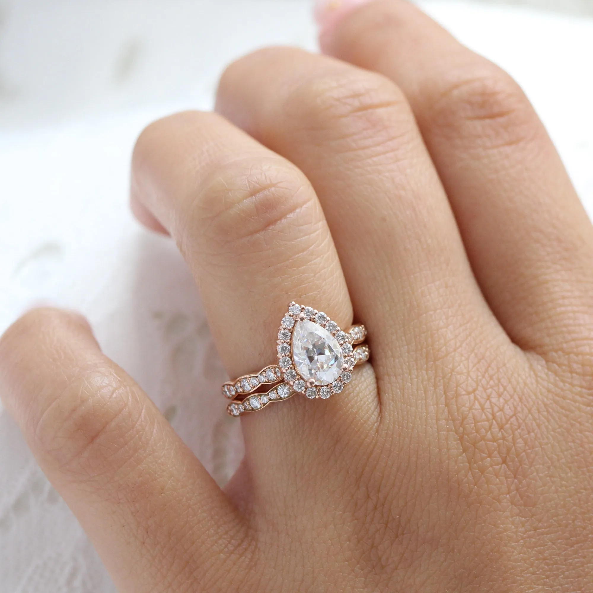 Luna Halo Pear Ring Bridal Set w/ Moissanite and Scalloped Diamond Band