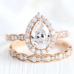 Luna Halo Pear Ring Bridal Set w/ Moissanite and Scalloped Diamond Band