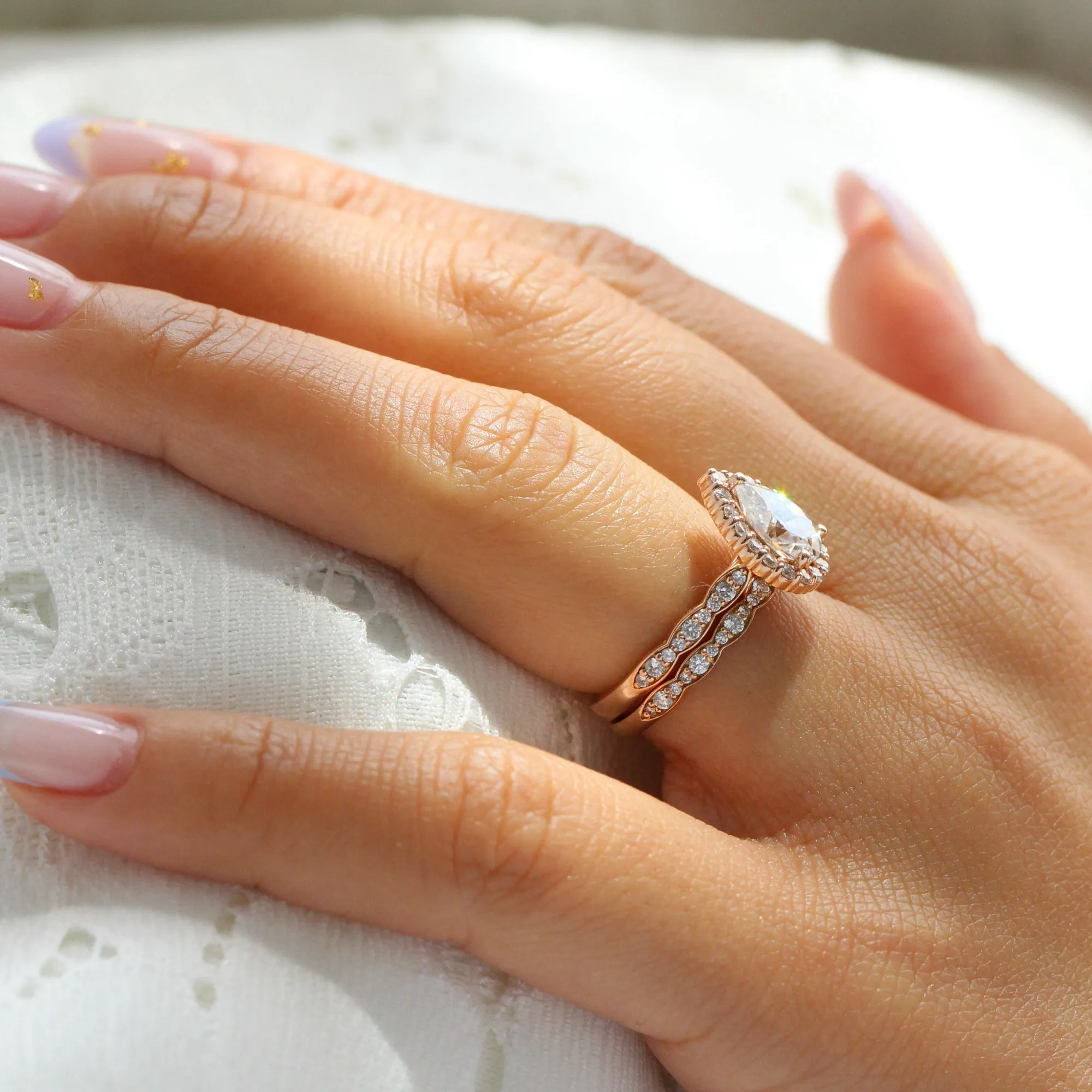 Luna Halo Pear Ring Bridal Set w/ Moissanite and Scalloped Diamond Band