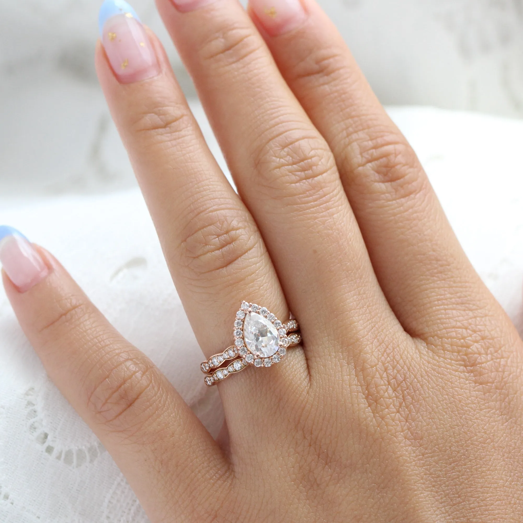 Luna Halo Pear Ring Bridal Set w/ Moissanite and Scalloped Diamond Band