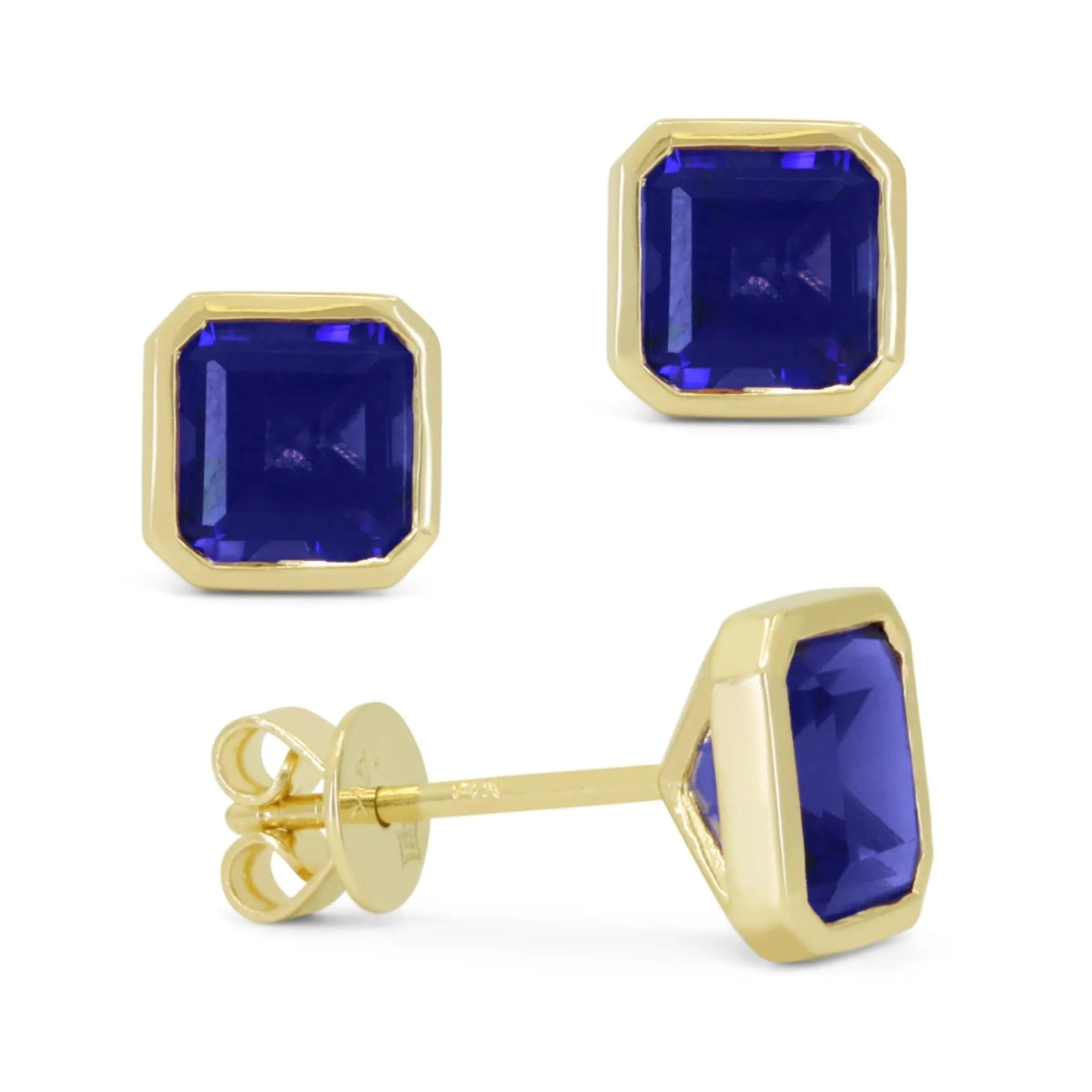 Madison L 14K Yellow Gold 2.63ctw Solitaire Bezel Style Emerald Cut Created Blue Corundum Earrings