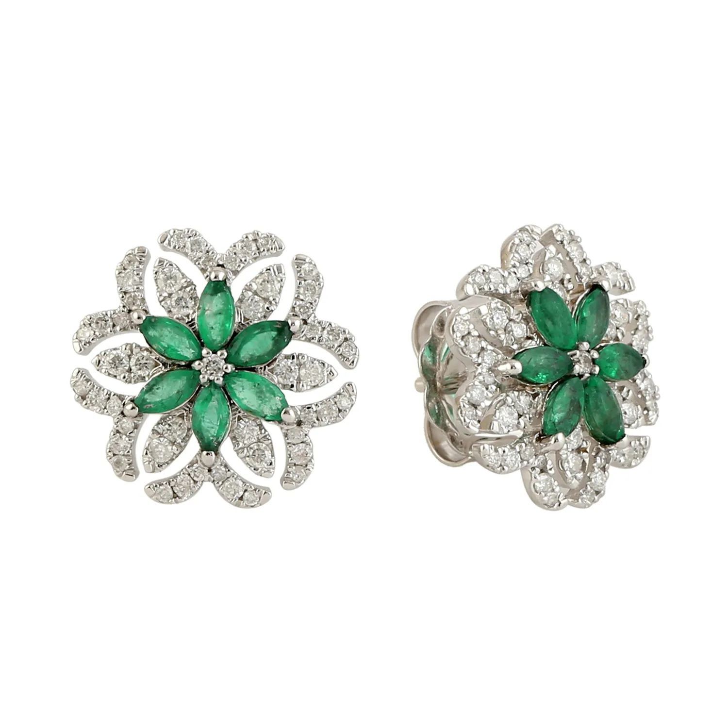 Marquise Emerald Pave Natural Diamond Floral Stud Earrings In 18k White Gold