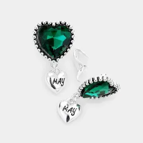 May Birthstone Heart Dangle Clip On Earrings