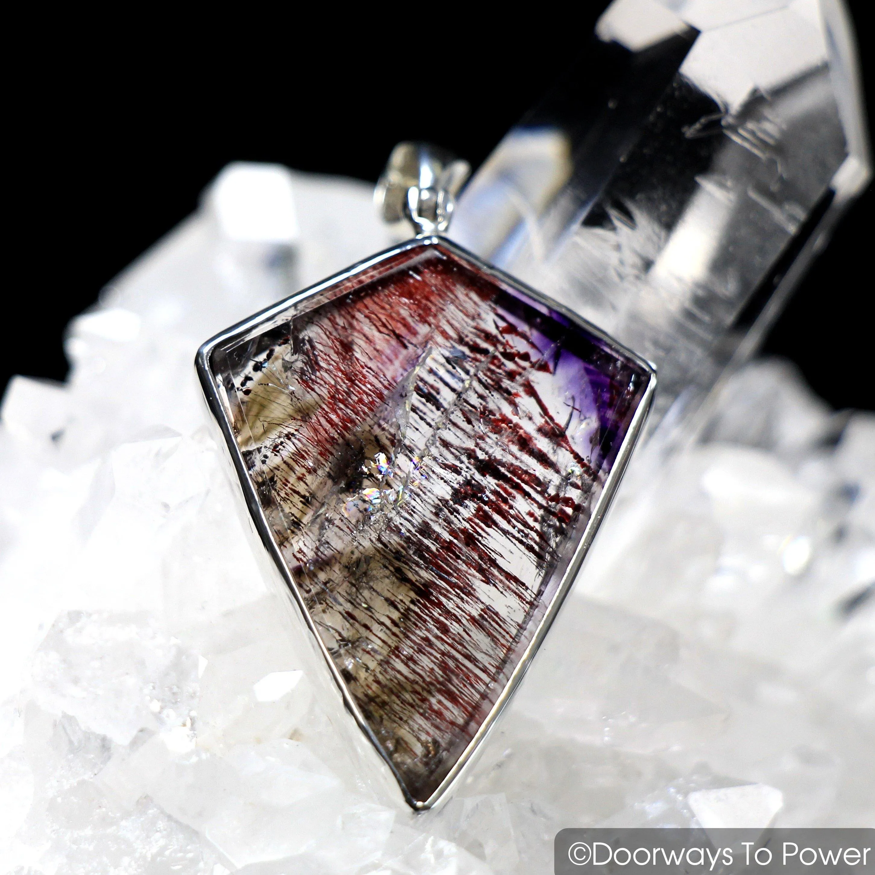 Melody Stone Super 7 Quartz Crystal Pendant w/ Rainbows .925 SS