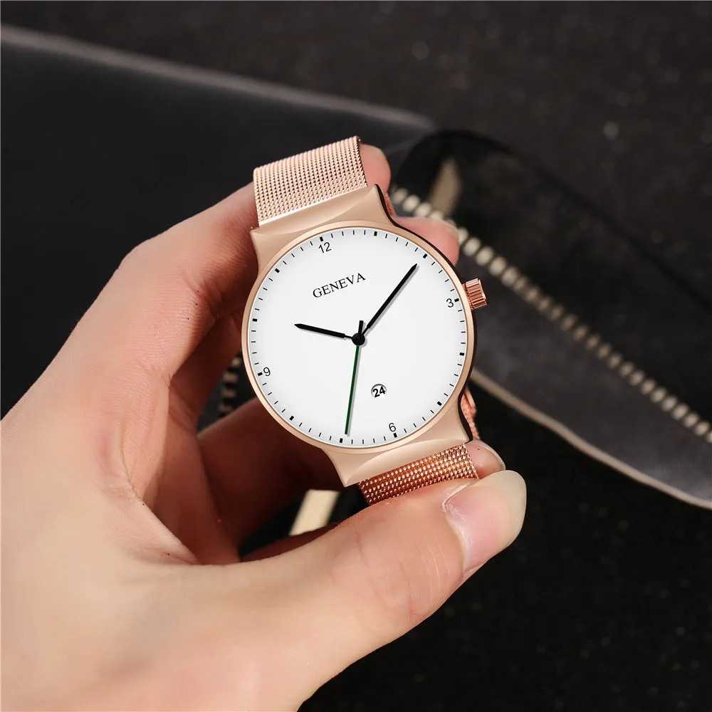 Men's Large Watch Fashionable Simple Alloy Mesh Calendar Watch