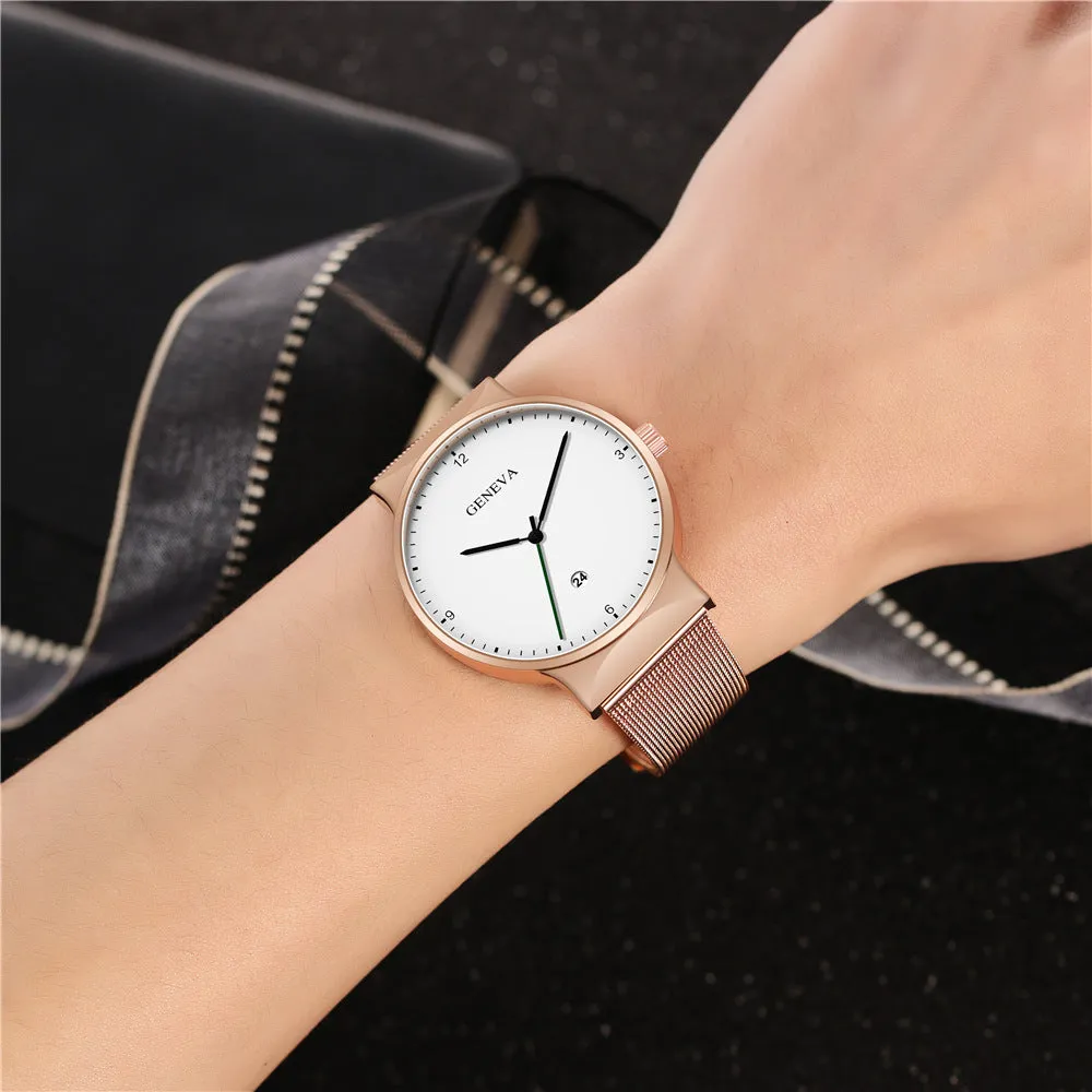 Men's Large Watch Fashionable Simple Alloy Mesh Calendar Watch