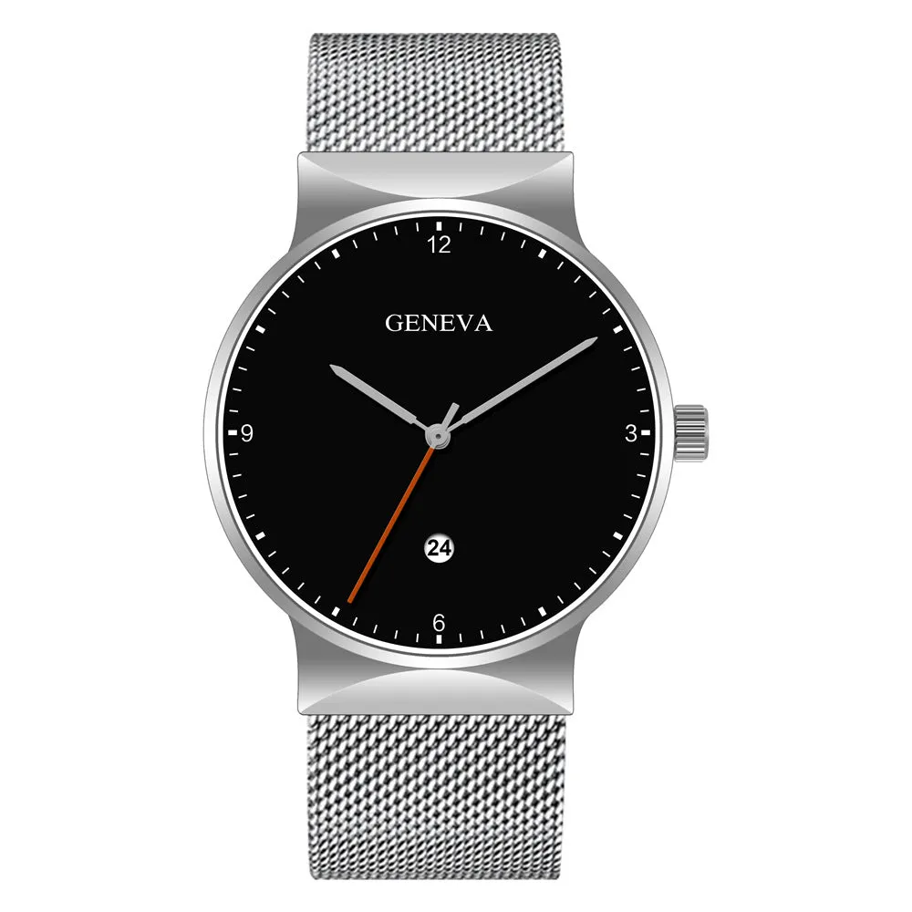 Men's Large Watch Fashionable Simple Alloy Mesh Calendar Watch