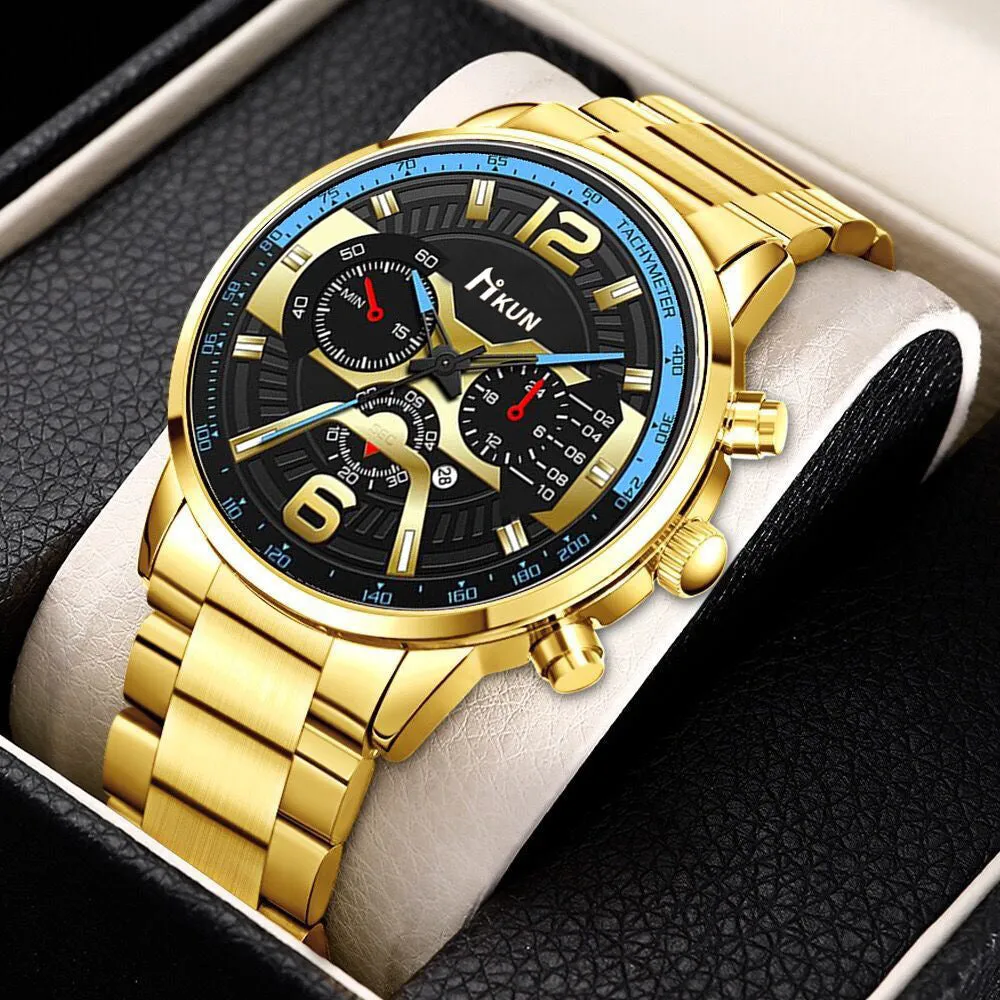 Men's Steel Strap Watch Fake Three Eyes with Calendar Double Scale Quartz Watch