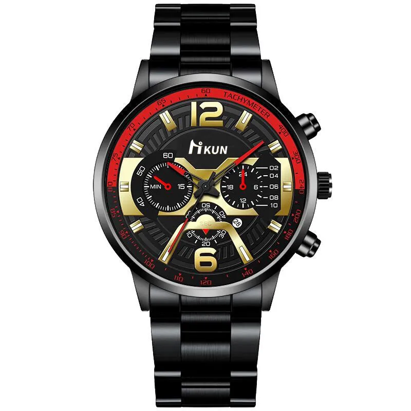 Men's Steel Strap Watch Fake Three Eyes with Calendar Double Scale Quartz Watch