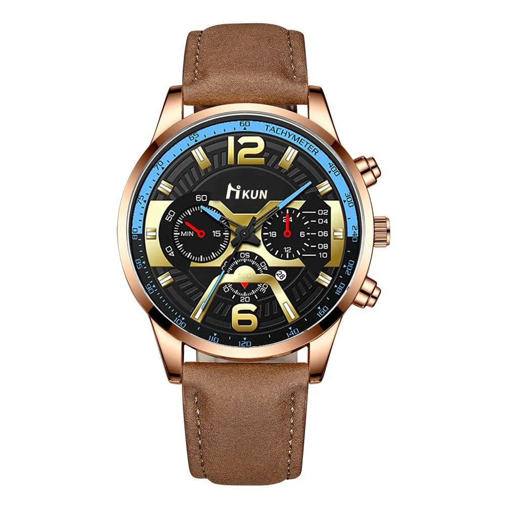 Men's Steel Strap Watch Fake Three Eyes with Calendar Double Scale Quartz Watch