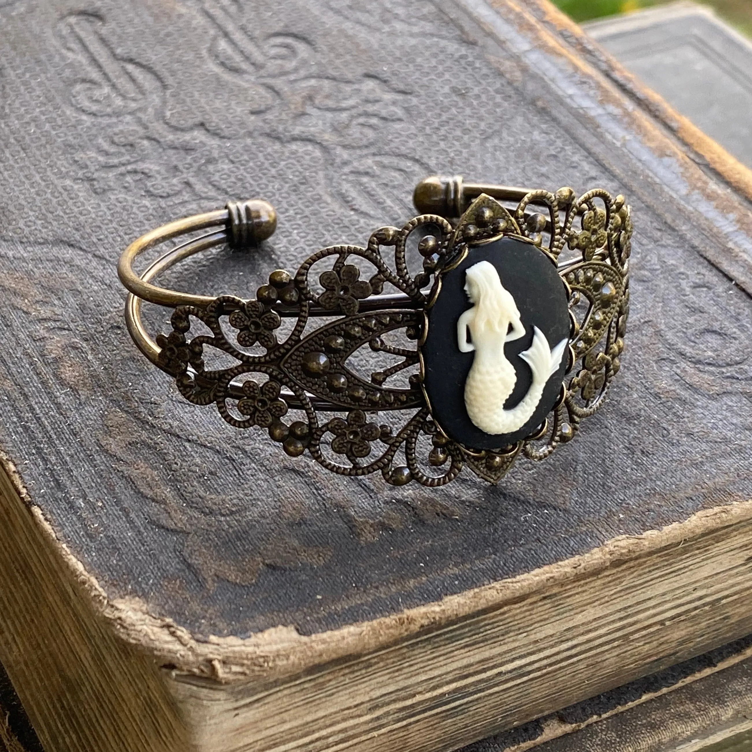 Mermaid Filigree Cuff Bracelet in Turquoise or Black - Antiqued Brass