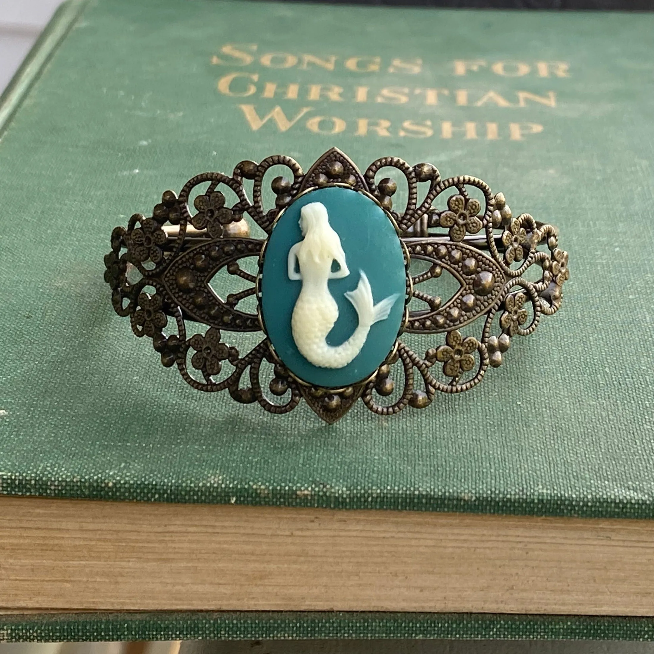 Mermaid Filigree Cuff Bracelet in Turquoise or Black - Antiqued Brass