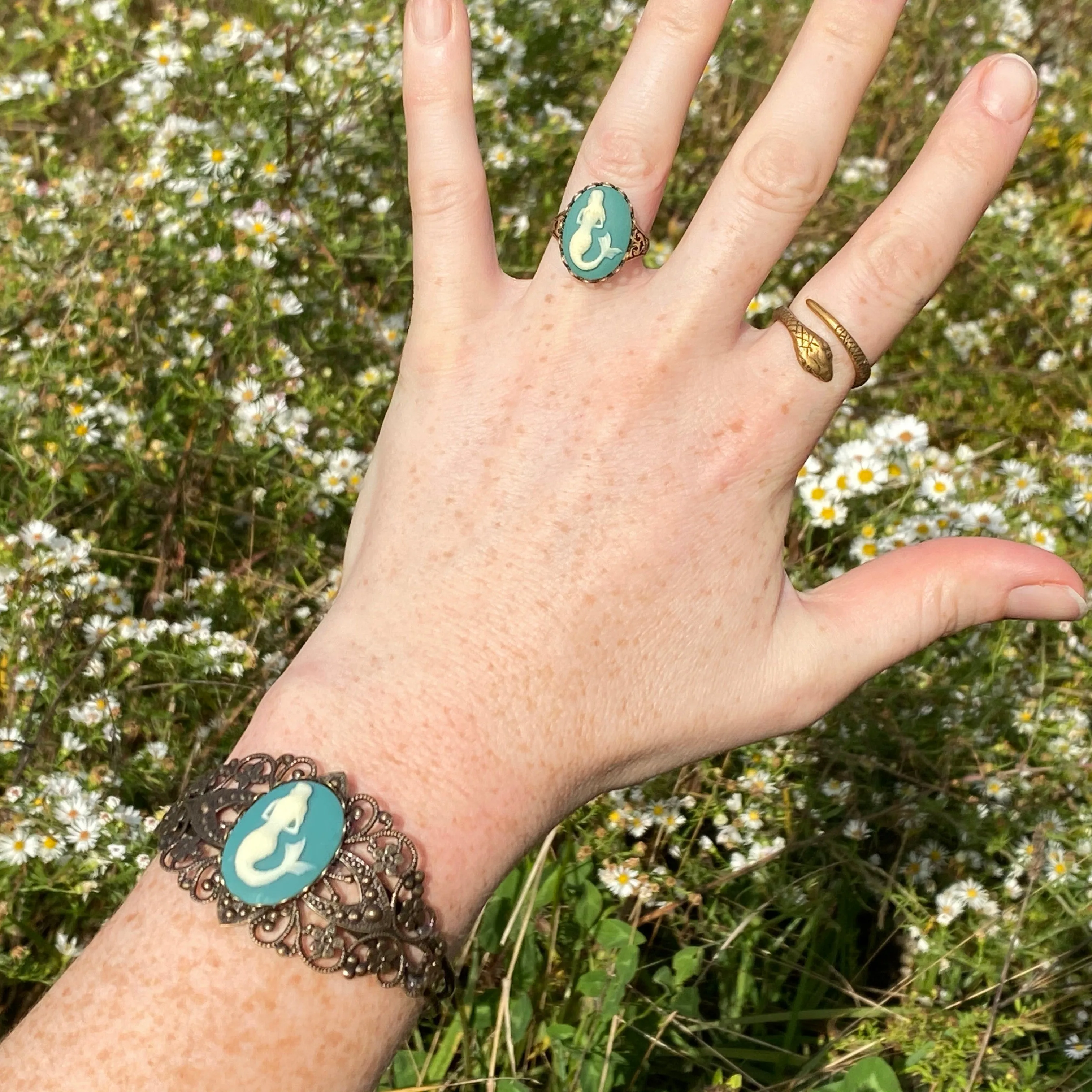 Mermaid Filigree Cuff Bracelet in Turquoise or Black - Antiqued Brass