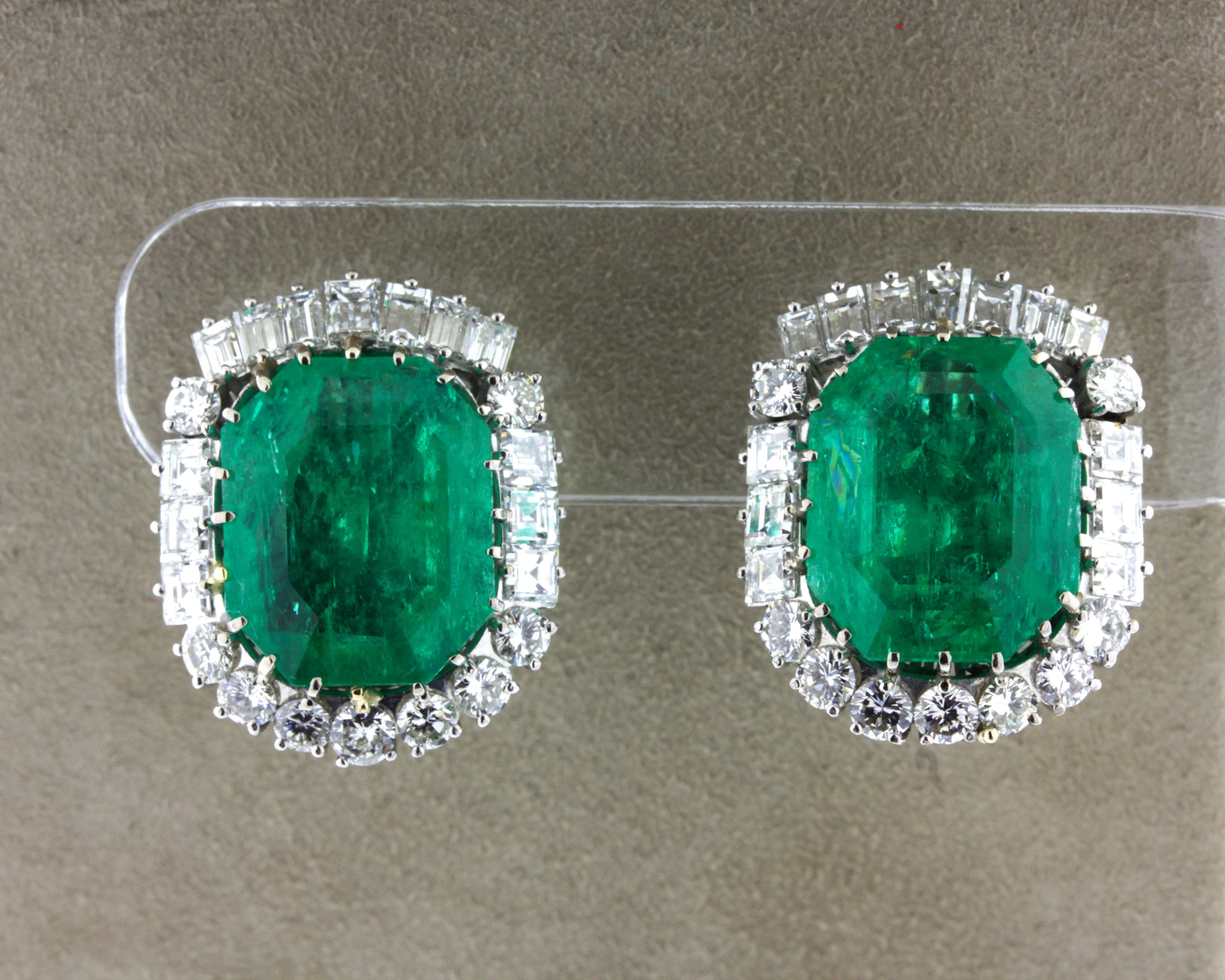 Mid-Century 25.04 Carat Colombian Emerald Diamond 18K Gold Earrings, GIA Certified