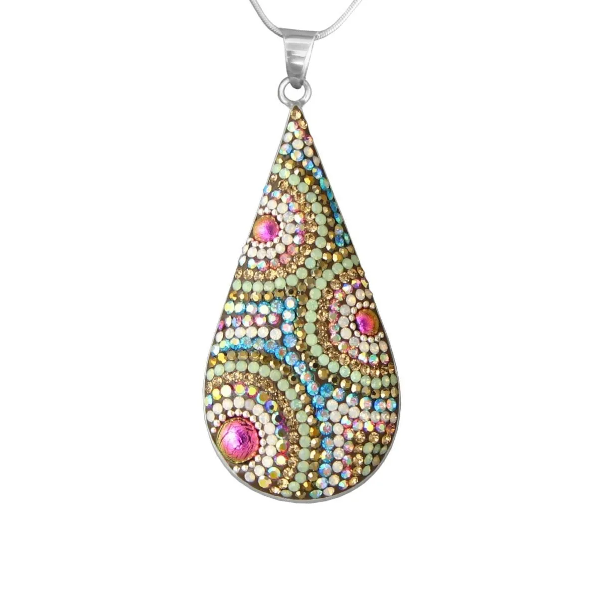 Mosaic Crystal Pendant Necklace, Elongated Teardrop