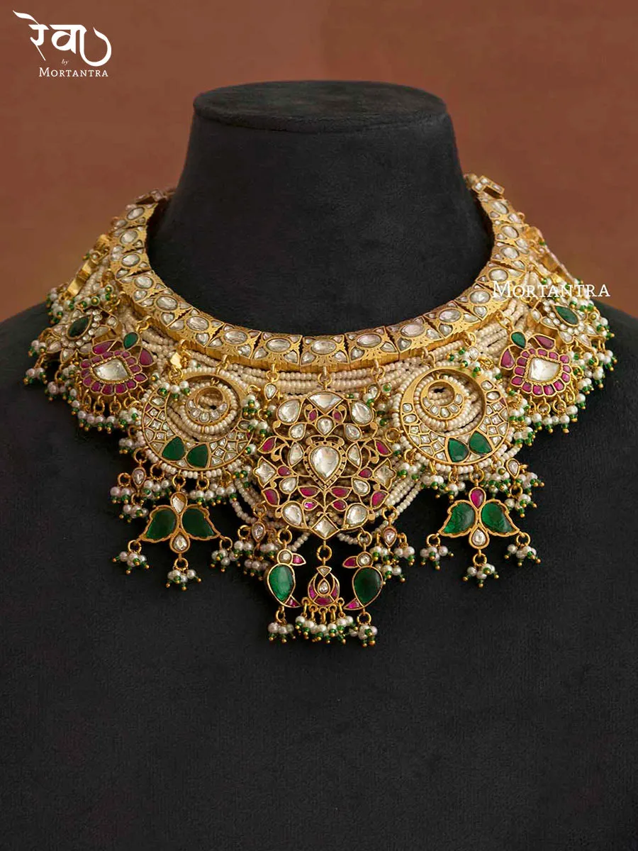 Multicolor Gold Plated Jadau Kundan Bridal Necklace Set - MO-S27M