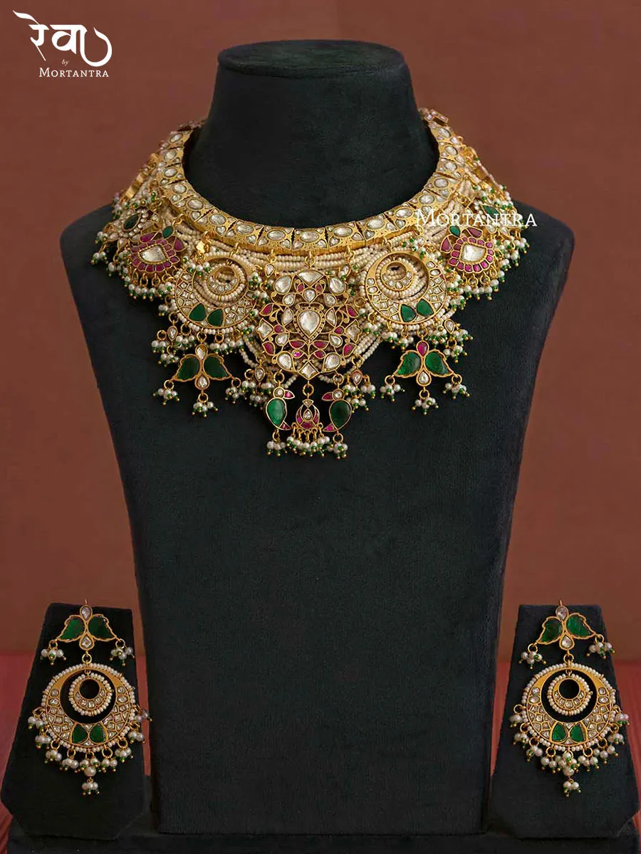 Multicolor Gold Plated Jadau Kundan Bridal Necklace Set - MO-S27M