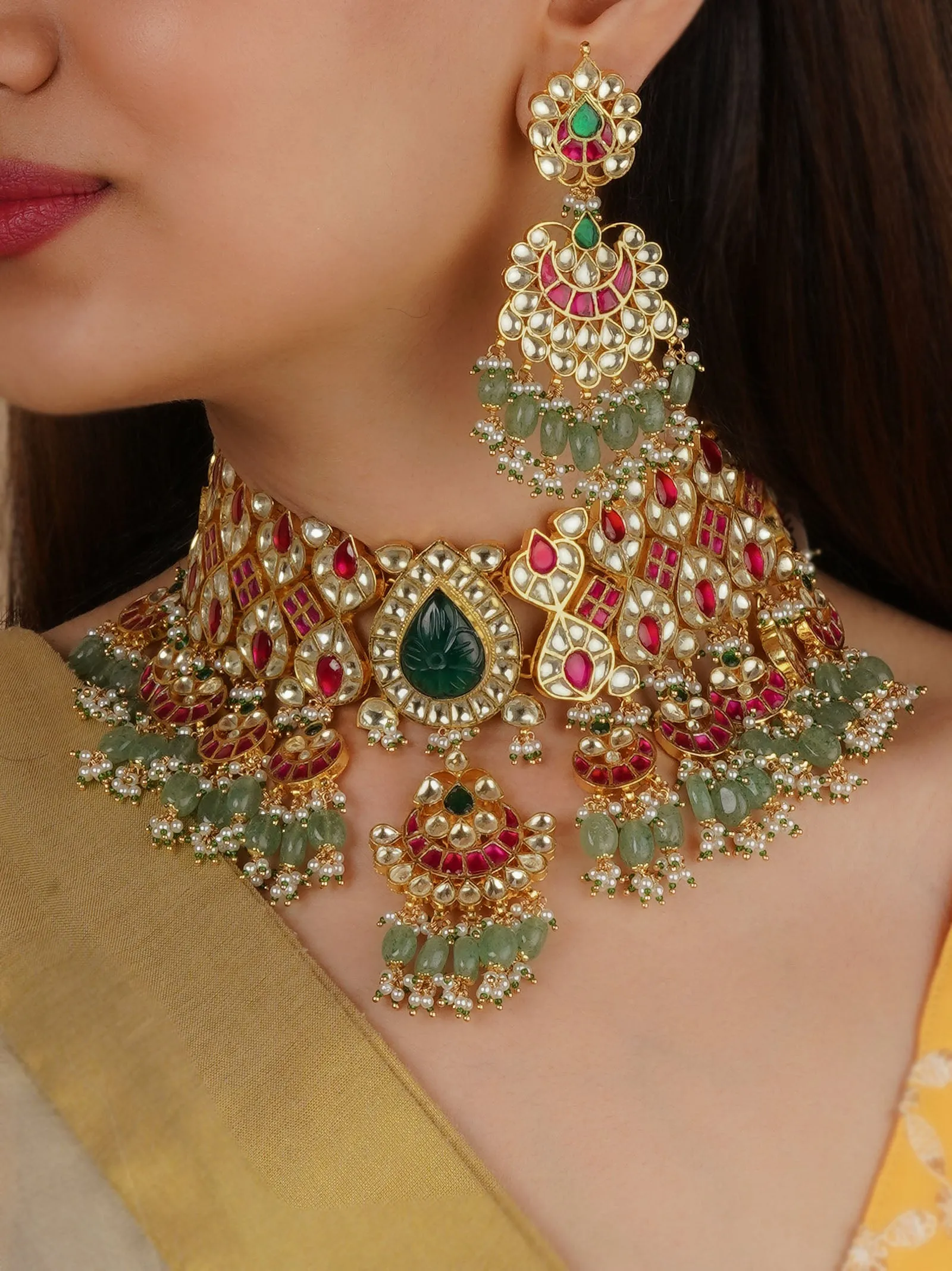 Multicolor Gold Plated Jadau Kundan Bridal Necklace Set - MS2110M