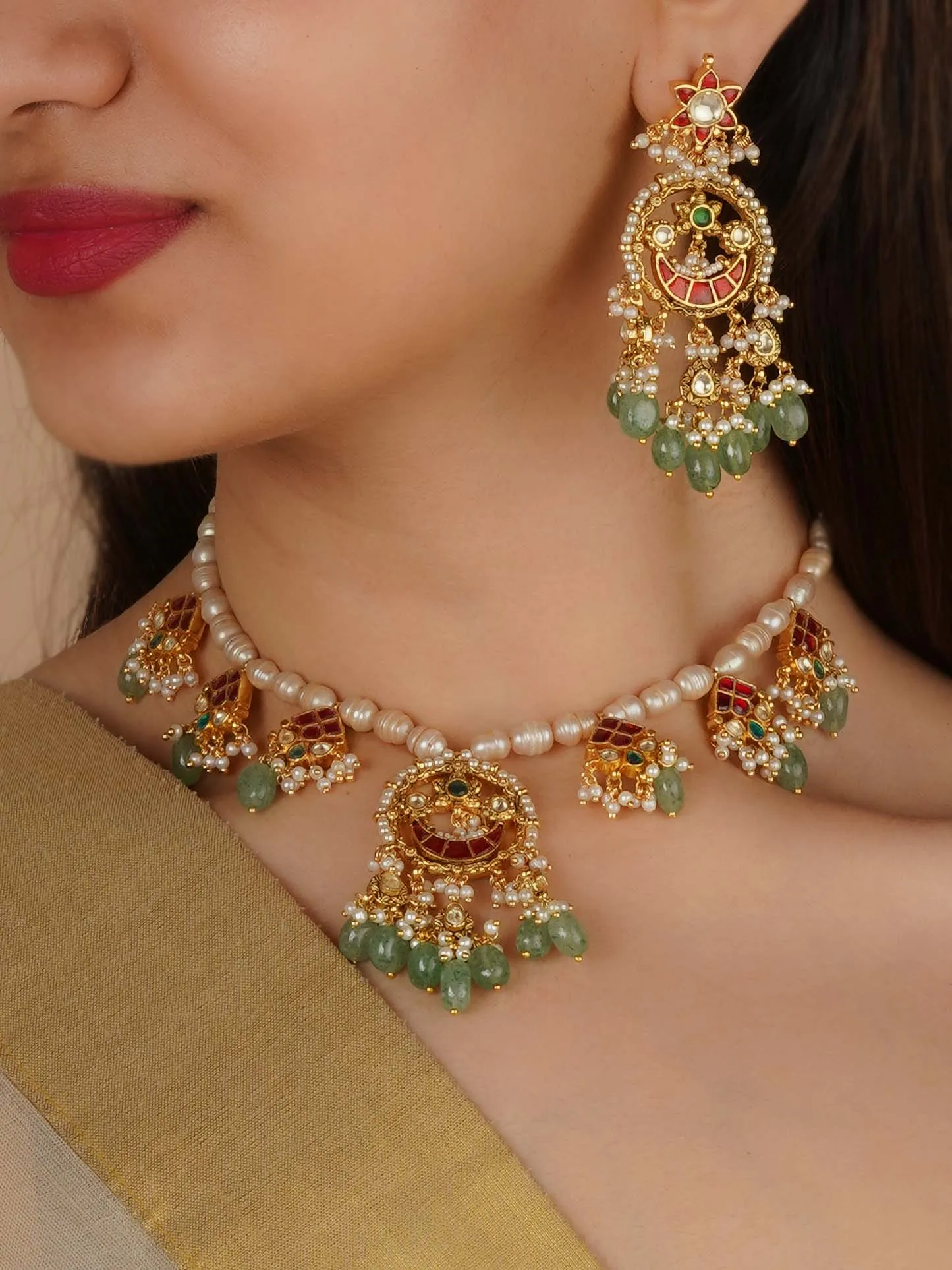 Multicolor Gold Plated Jadau Kundan Necklace Set - MS2299M