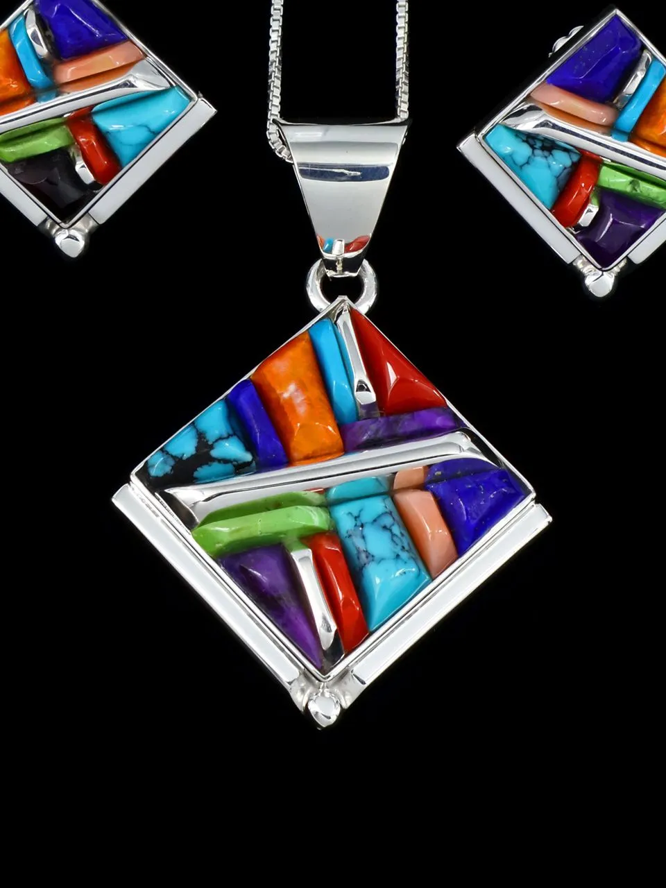 Multistone Navajo Cobblestone Inlay Pendant Set