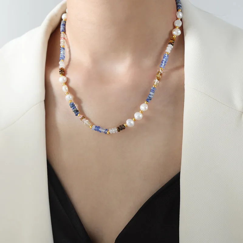 Natural Baroque Pearl and Blue Abacus Beaded Necklace