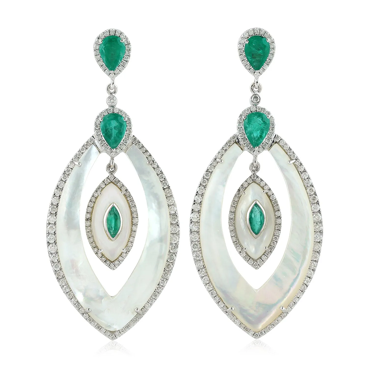 Natural Emerald Dangle Earrings 18k White Gold Jewelry