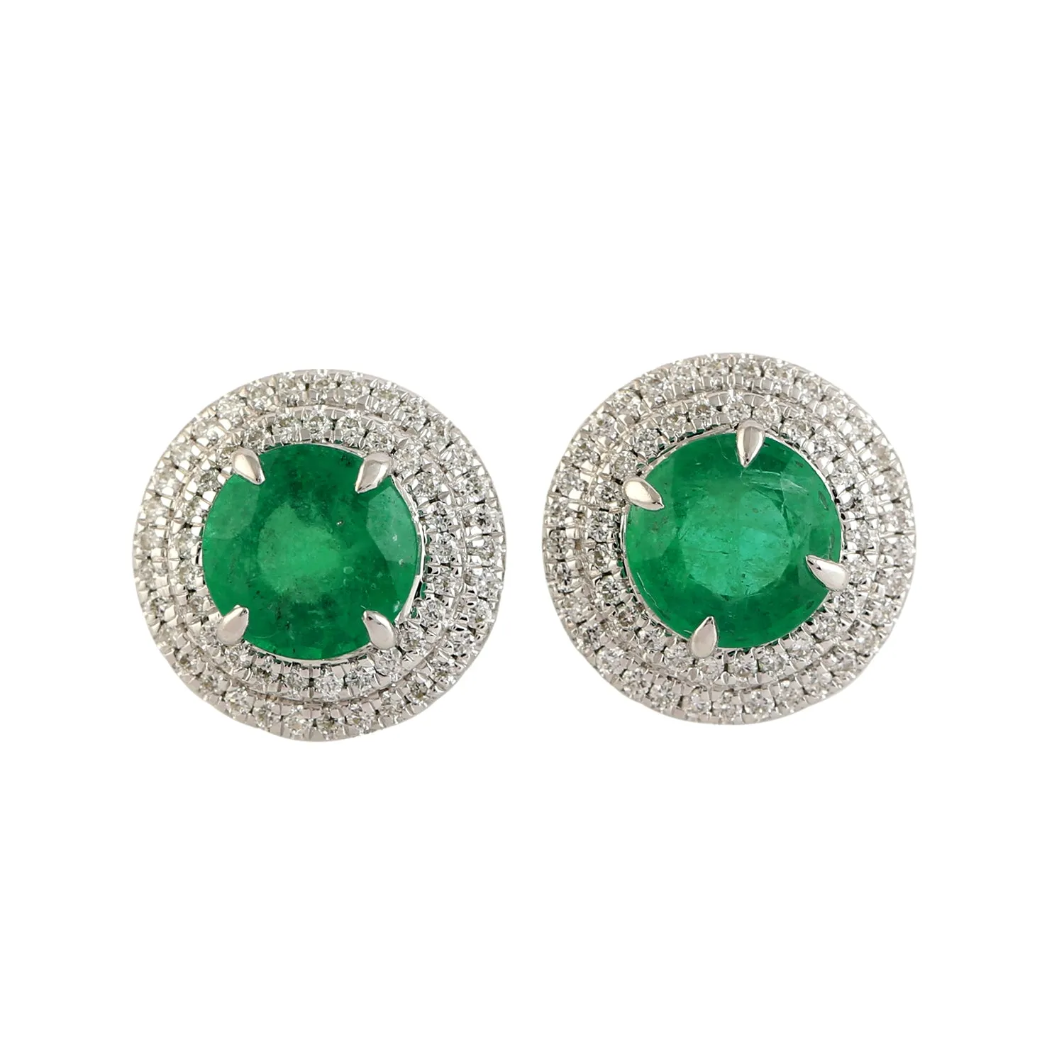 Natural Emerald Pave Diamond Round Stud Earrings In 14k White Gold