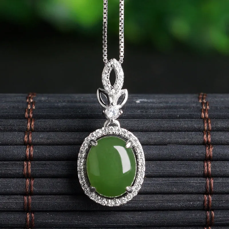 Natural Jade Pendant Nephrite Silver Zircon Pendant ZPT234