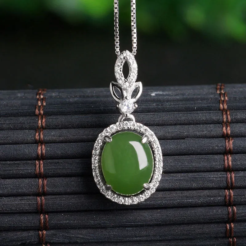 Natural Jade Pendant Nephrite Silver Zircon Pendant ZPT234