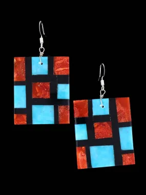 Navajo Turquoise and Apple Coral Mosaic Dangle Earrings