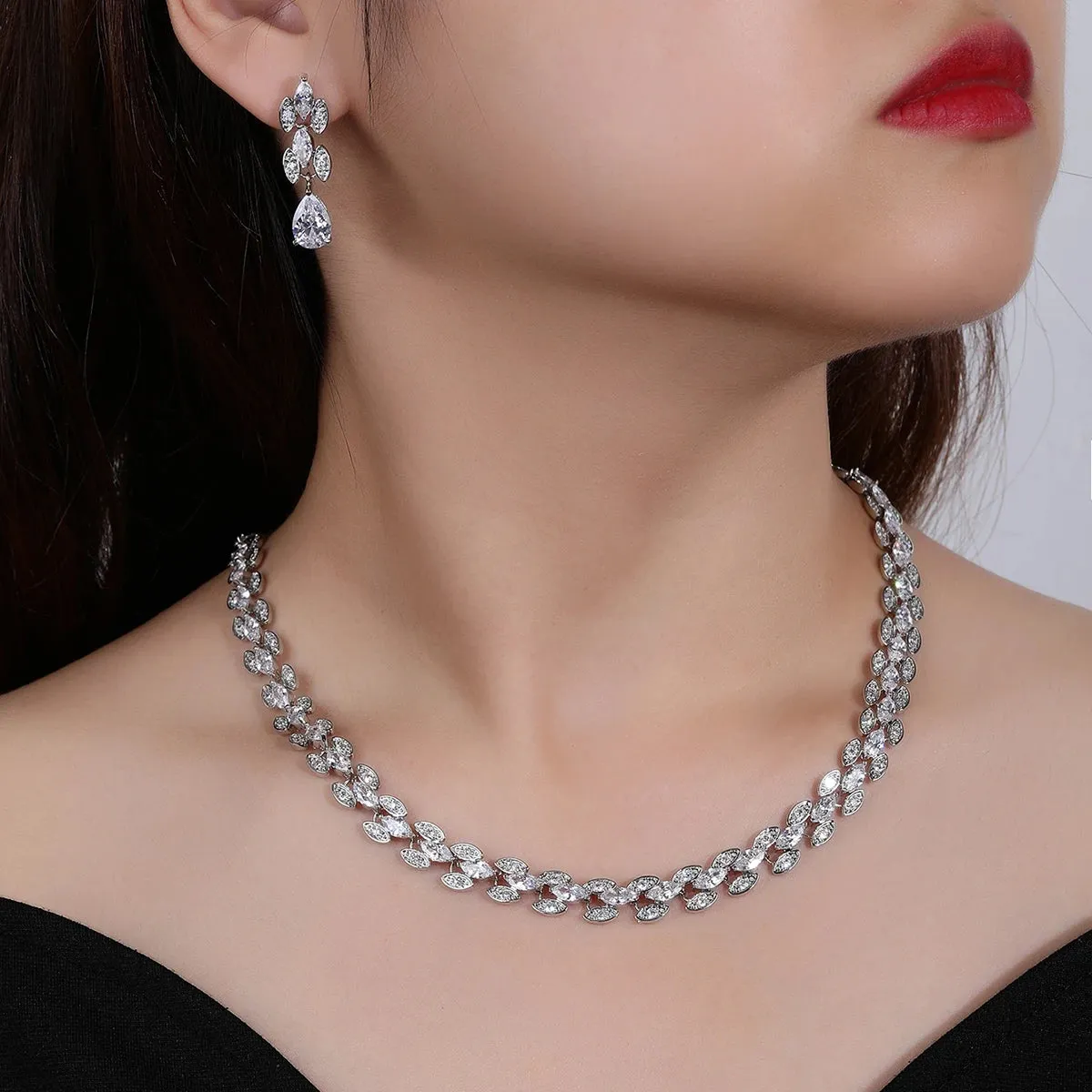 New Sparkling Cubic Zirconia Wedding Banquet Necklace Earrings Set Bridal Party Costume Jewelry Sets CN10647