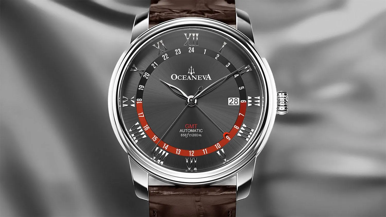 Oceaneva Men's OceanTrek GMT Automatic 200m Leather Black Watch