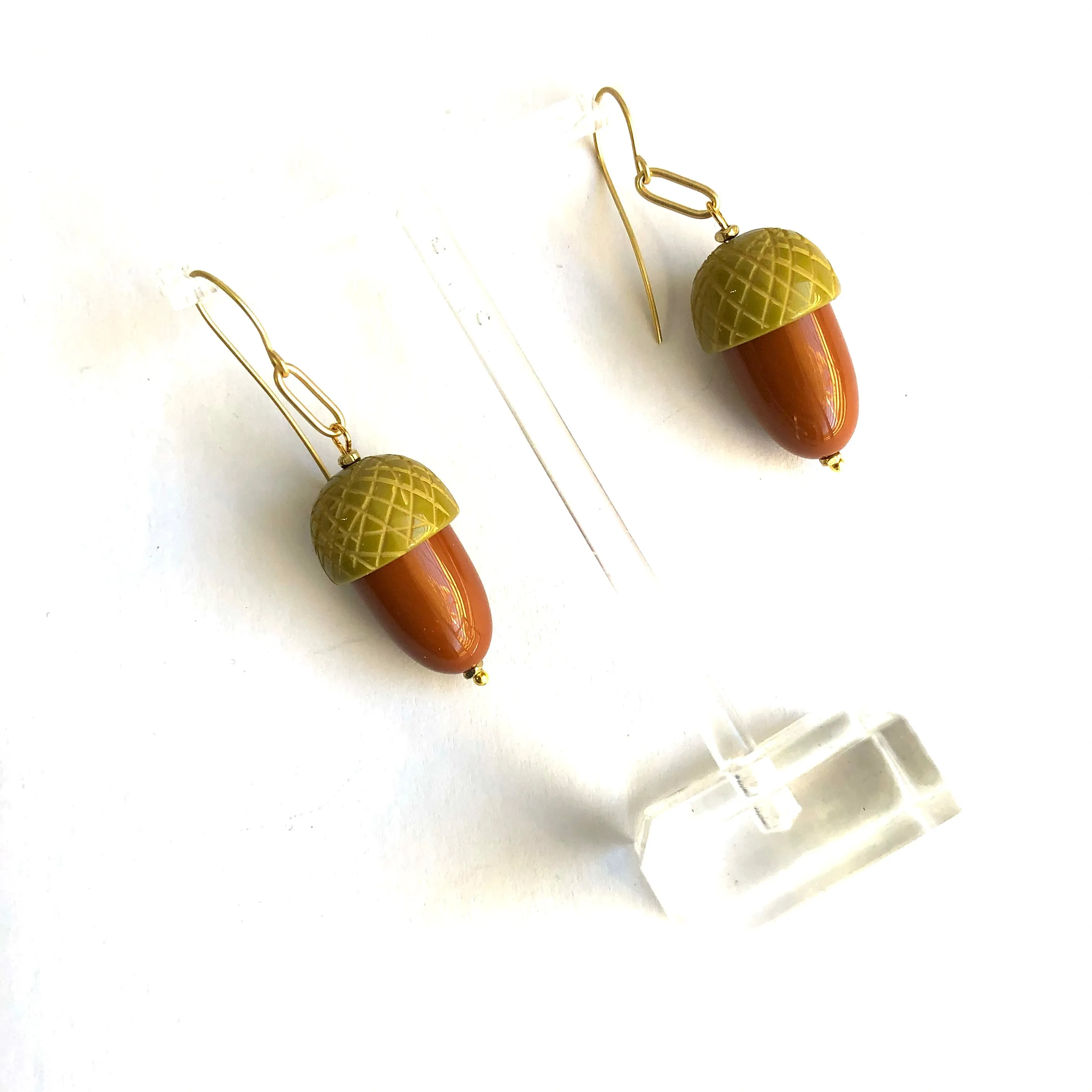 Olive & Butterscotch Carved Acorn Earrings