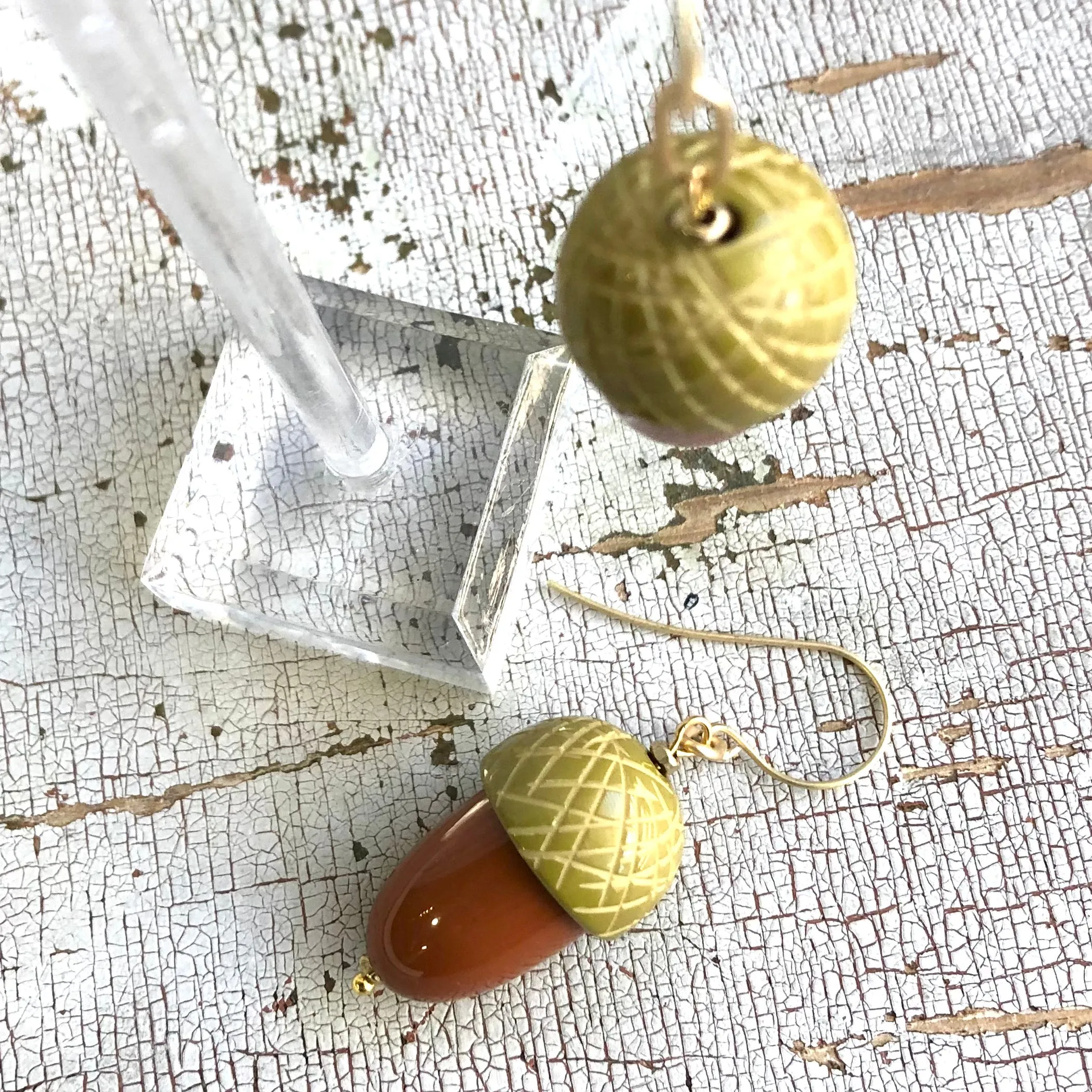 Olive & Butterscotch Carved Acorn Earrings