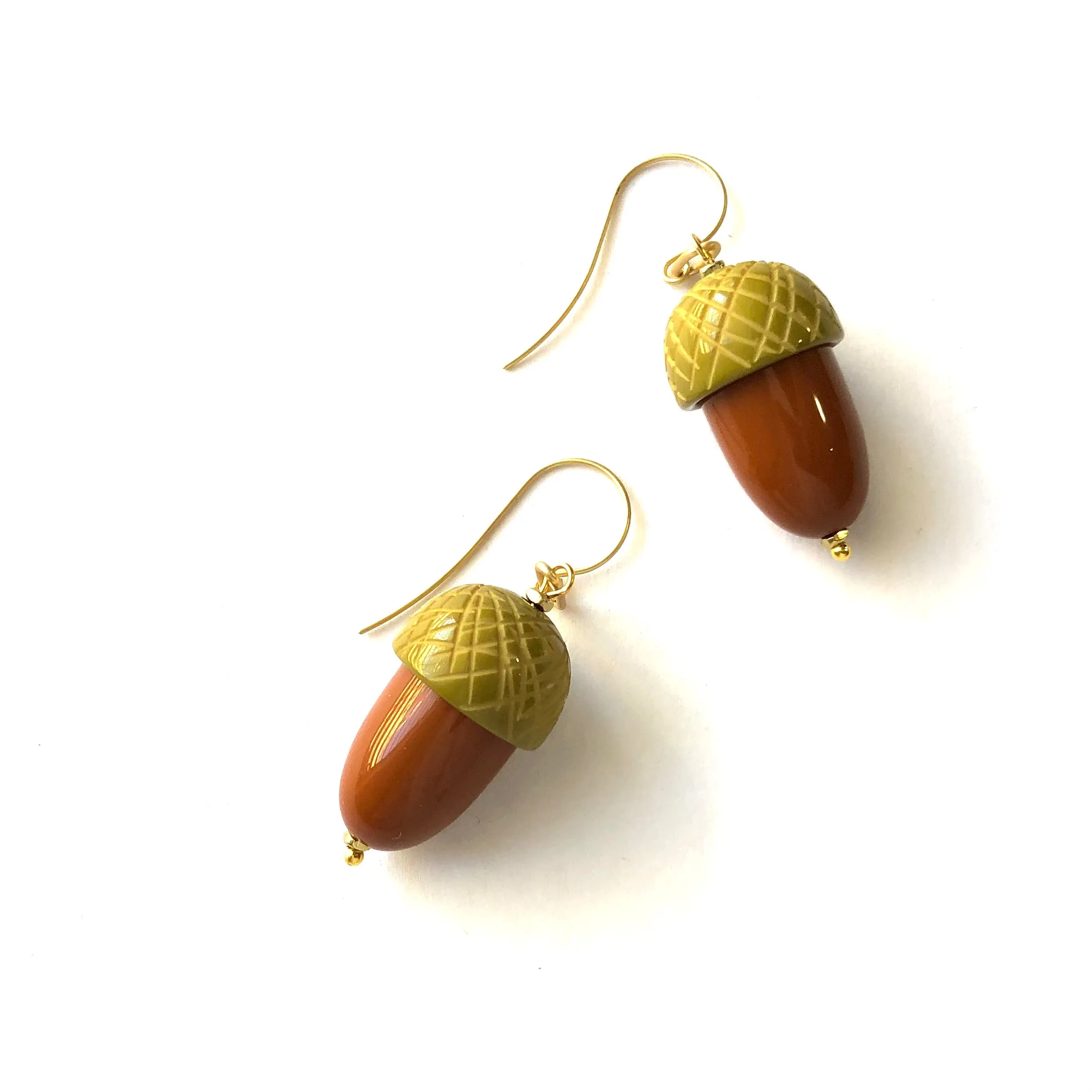 Olive & Butterscotch Carved Acorn Earrings