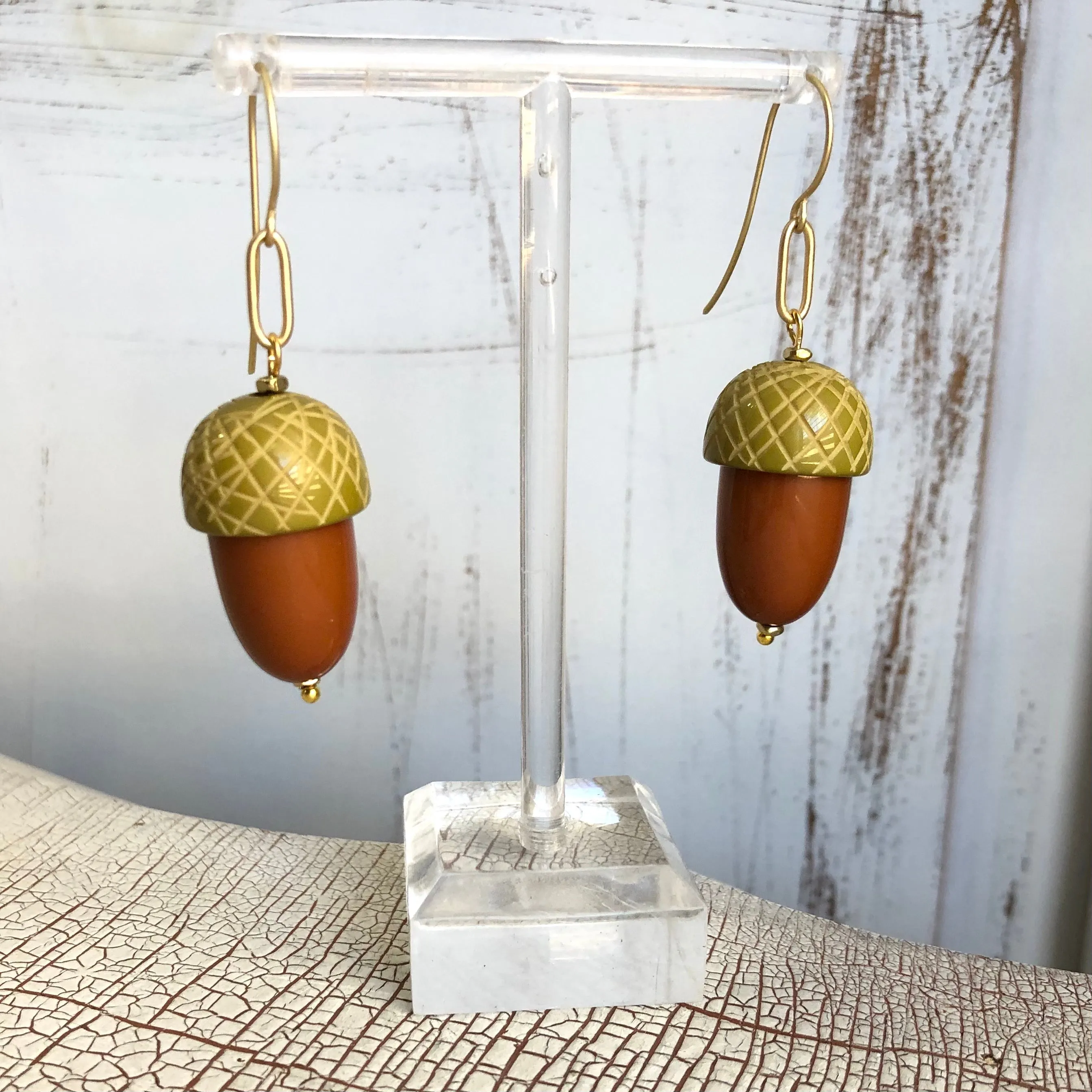 Olive & Butterscotch Carved Acorn Earrings