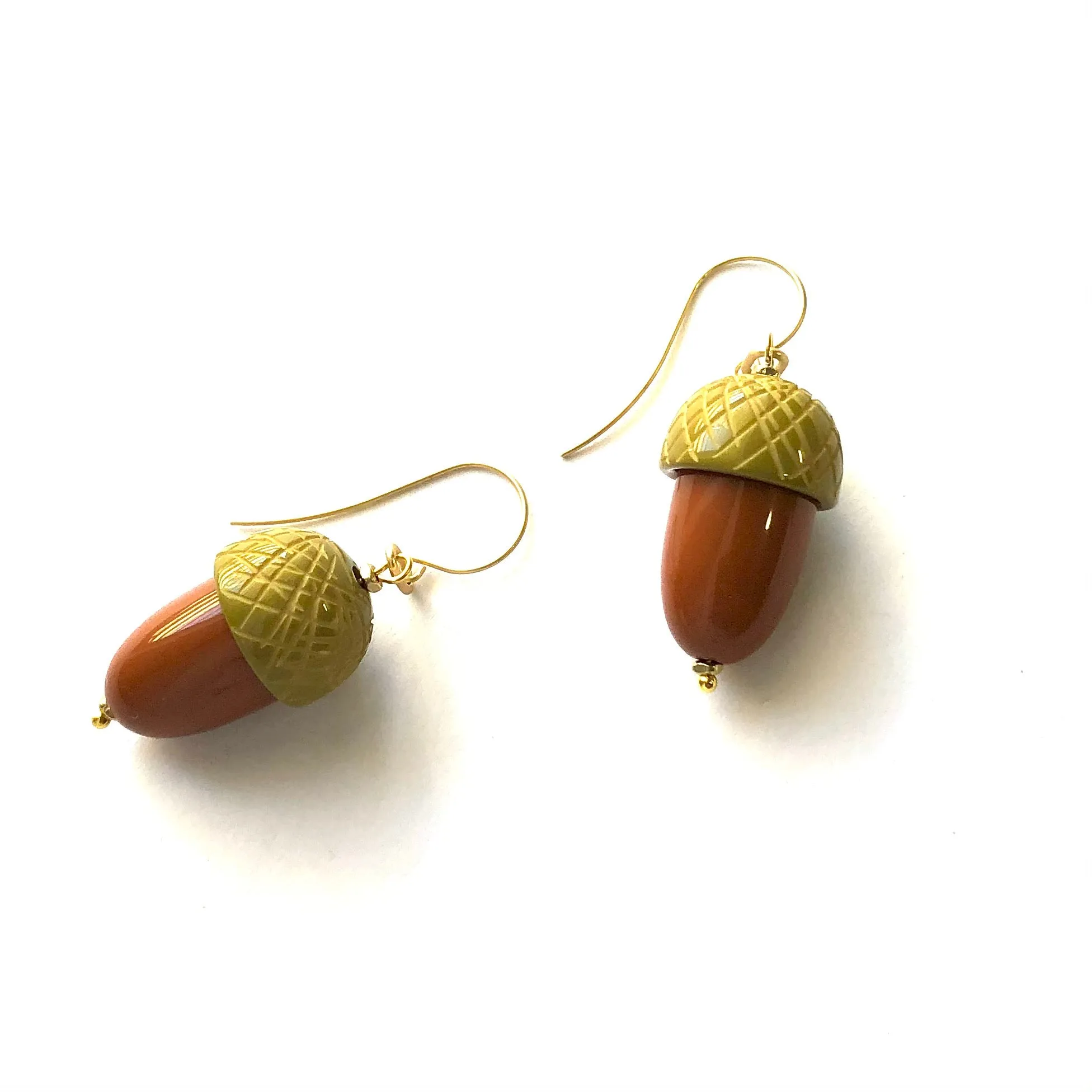 Olive & Butterscotch Carved Acorn Earrings